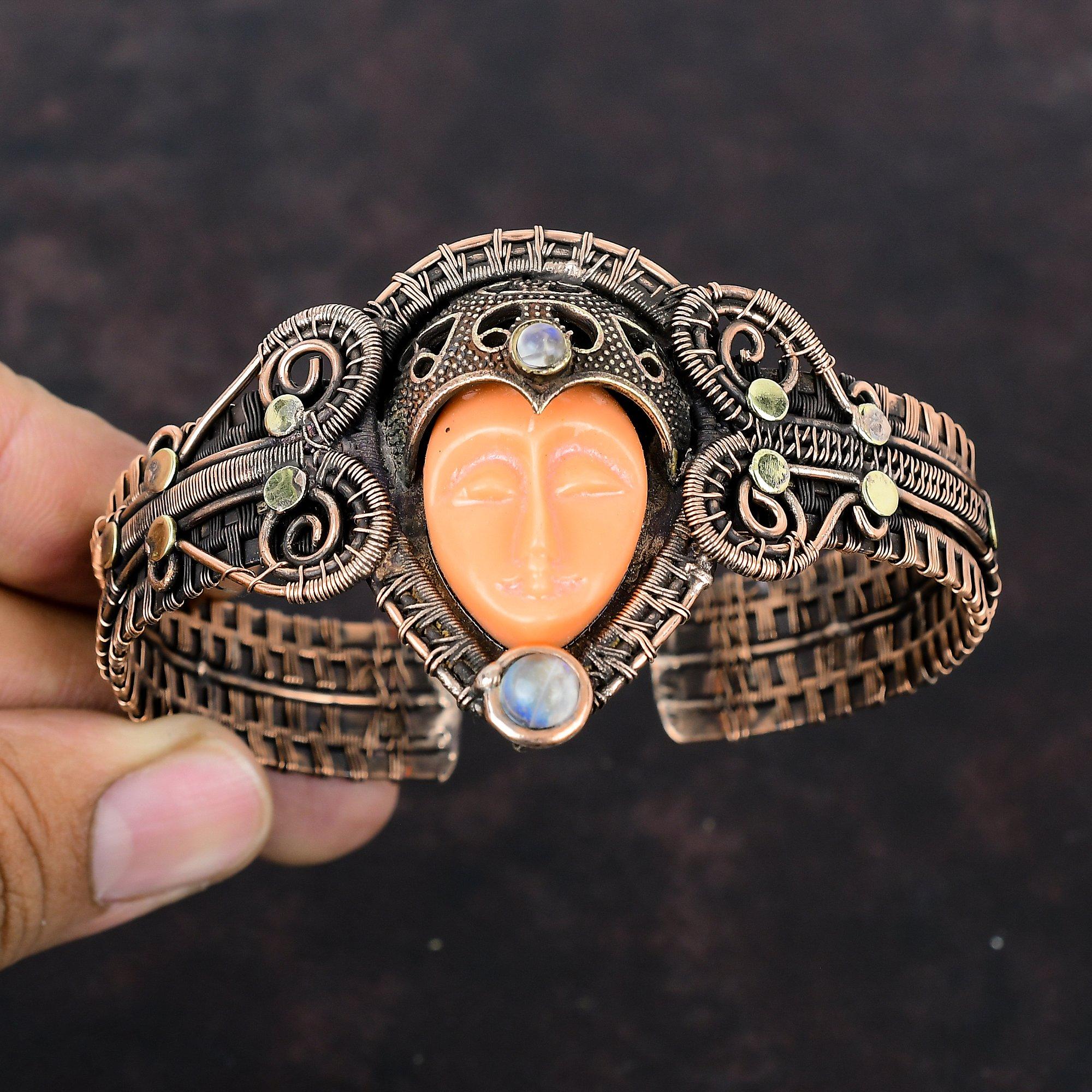 Orange Carved Bone Face Cuff Bracelet Copper Wire Wrapped Gemstone Bangle Handmade Jewelry Adjustable Cuff Bracelet Rainbow Moonstone Bangle