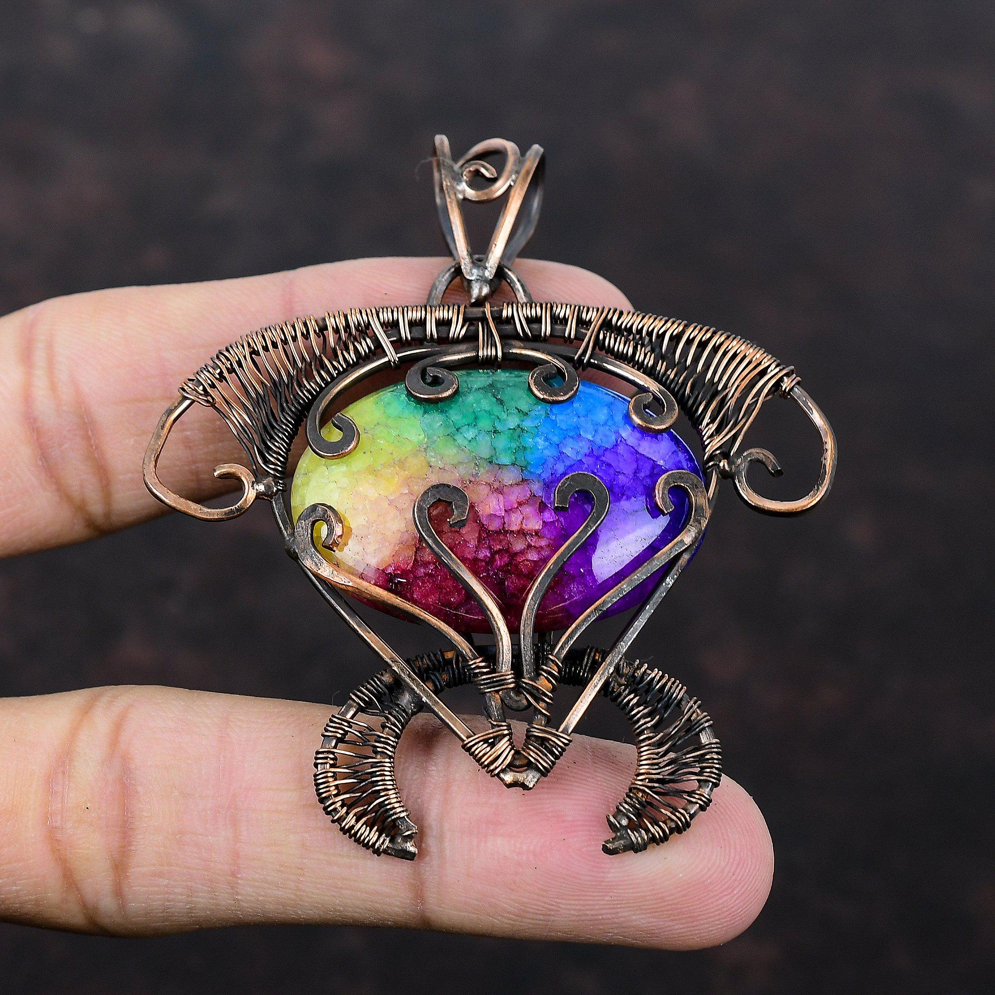 Rainbow Solar Quartz Druzy Pendant Copper Wire Wrapped Pendant Gemstone Tortoise Jewelry Handmade Decent Pendant Copper Jewelry Gift For Him