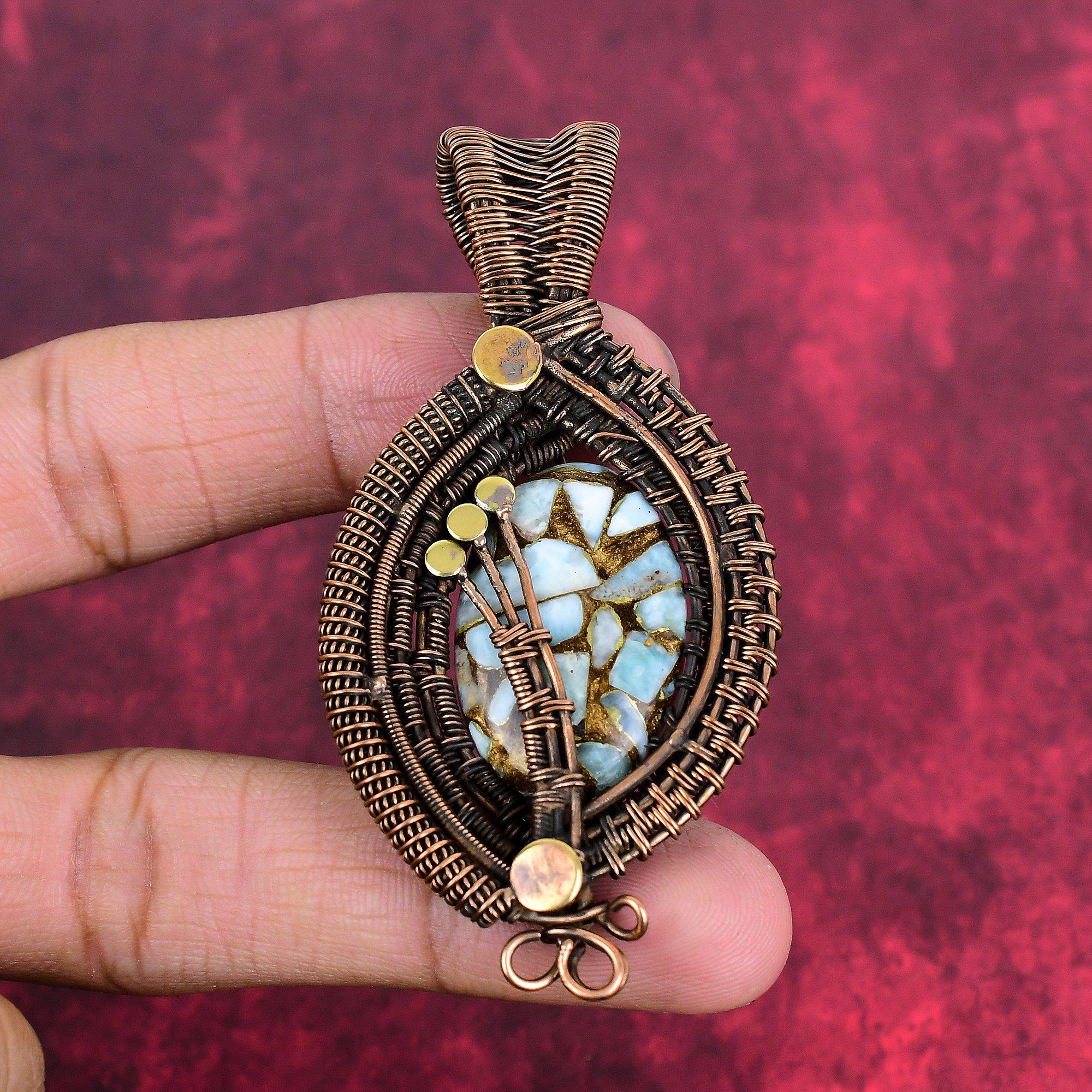 Copper Larimar Pendant Copper Wire Wrapped Gemstone Jewelry Handmade Copper Pendant Gifts for Women Wire Weaving Pendants Birthstone Jewelry