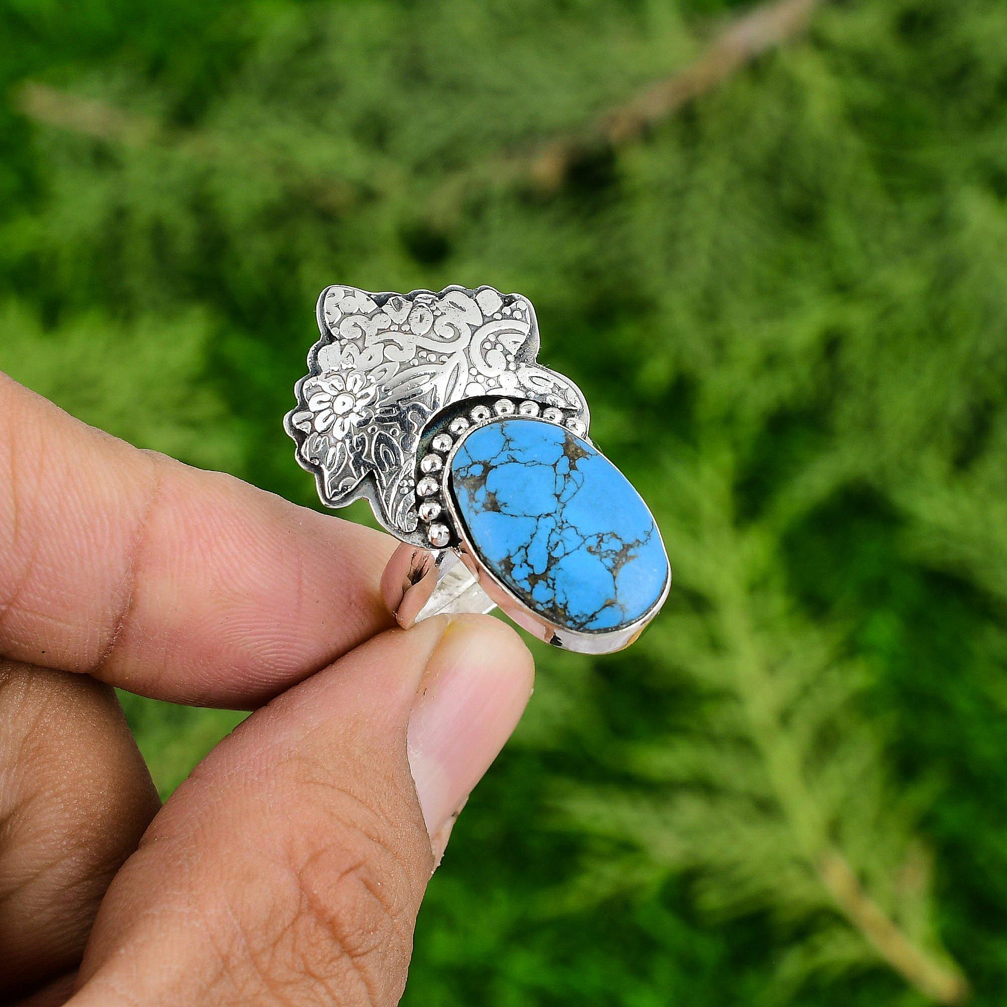 Sterling Silver Oval Copper Arizona Turquoise Stone Bezel Statement Ring Jewelry
