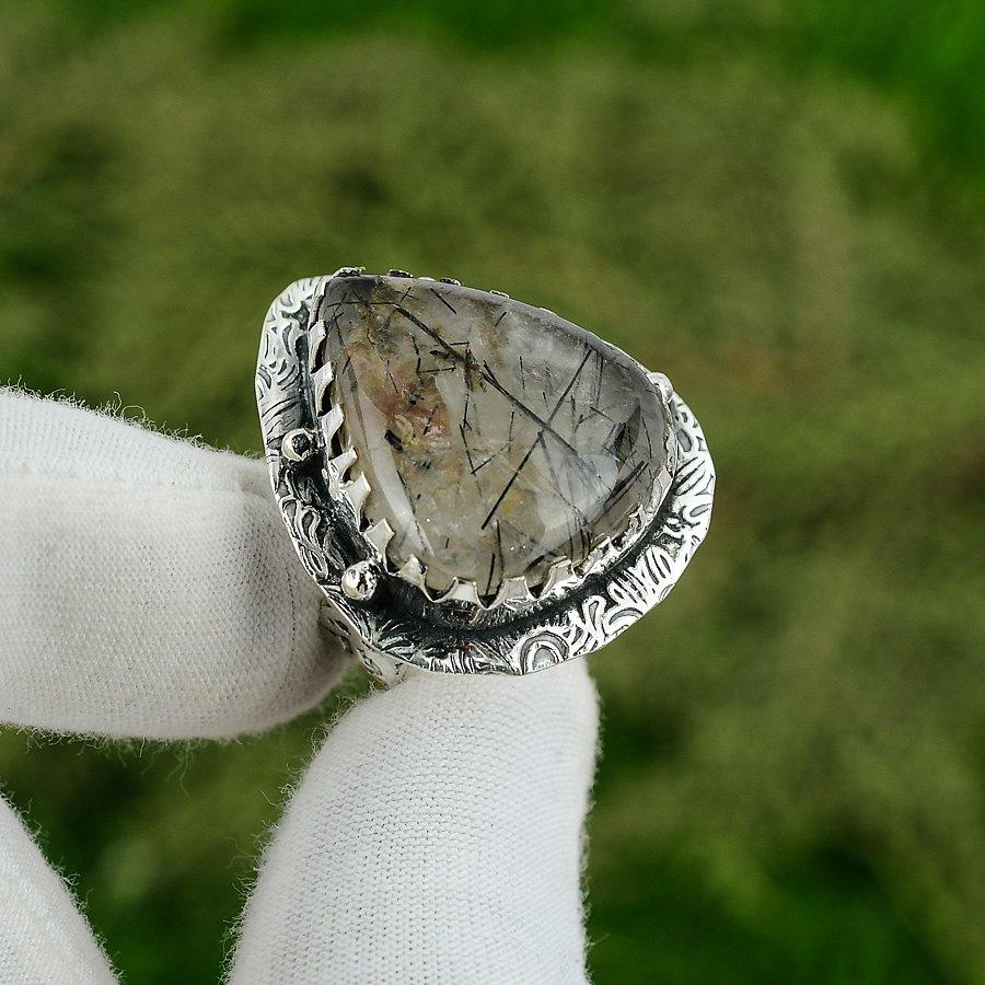 Wedding Gift For Her 925 Silver Natural Black Rutile Statement Ring Size 8