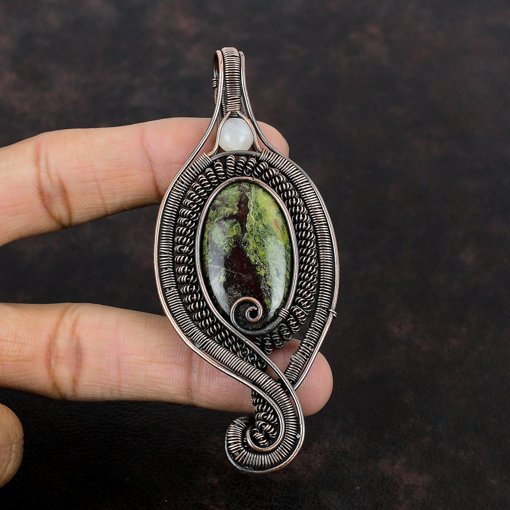 Dragon Bloodstone Pendant Copper Wire Wrapped Gemstone Pendant Rainbow Moonstone Pendant For Women Copper Wire Wrap Jewelry Handmade Pendant