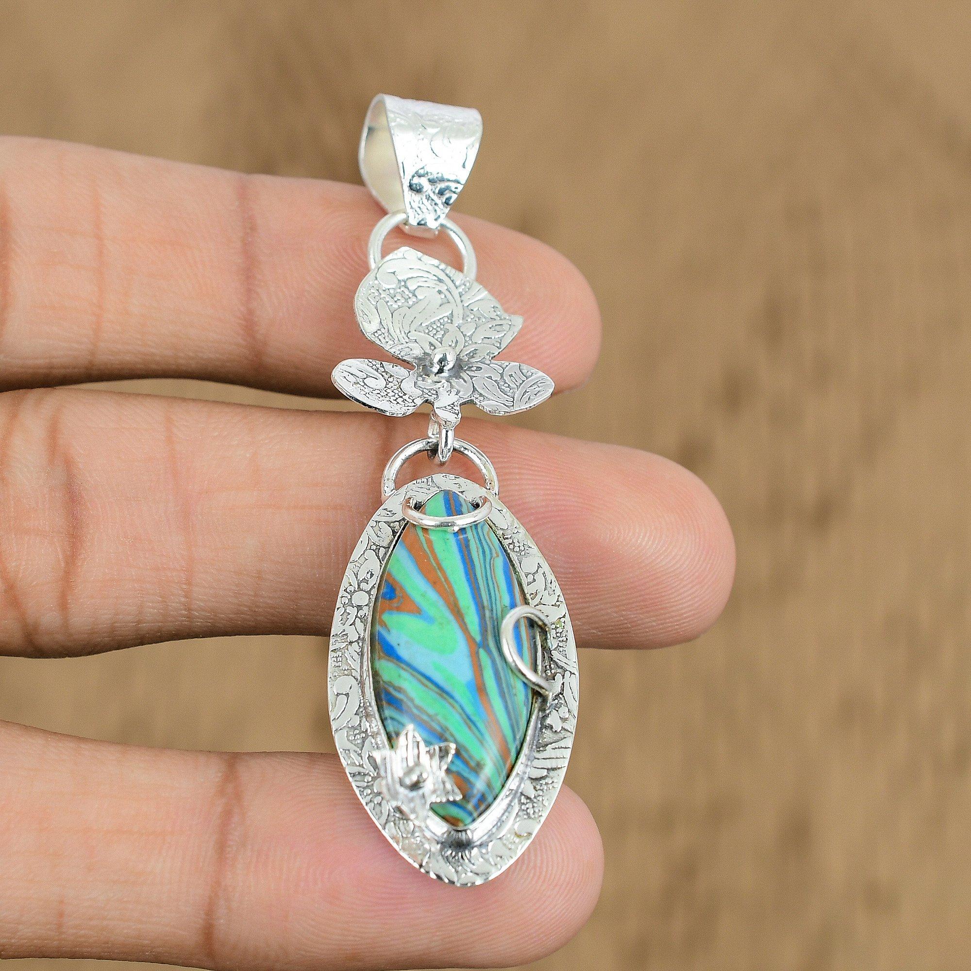 Gift For Her 925 Sterling Silver Natural Rainbow Calsilica Gemstone Pendant