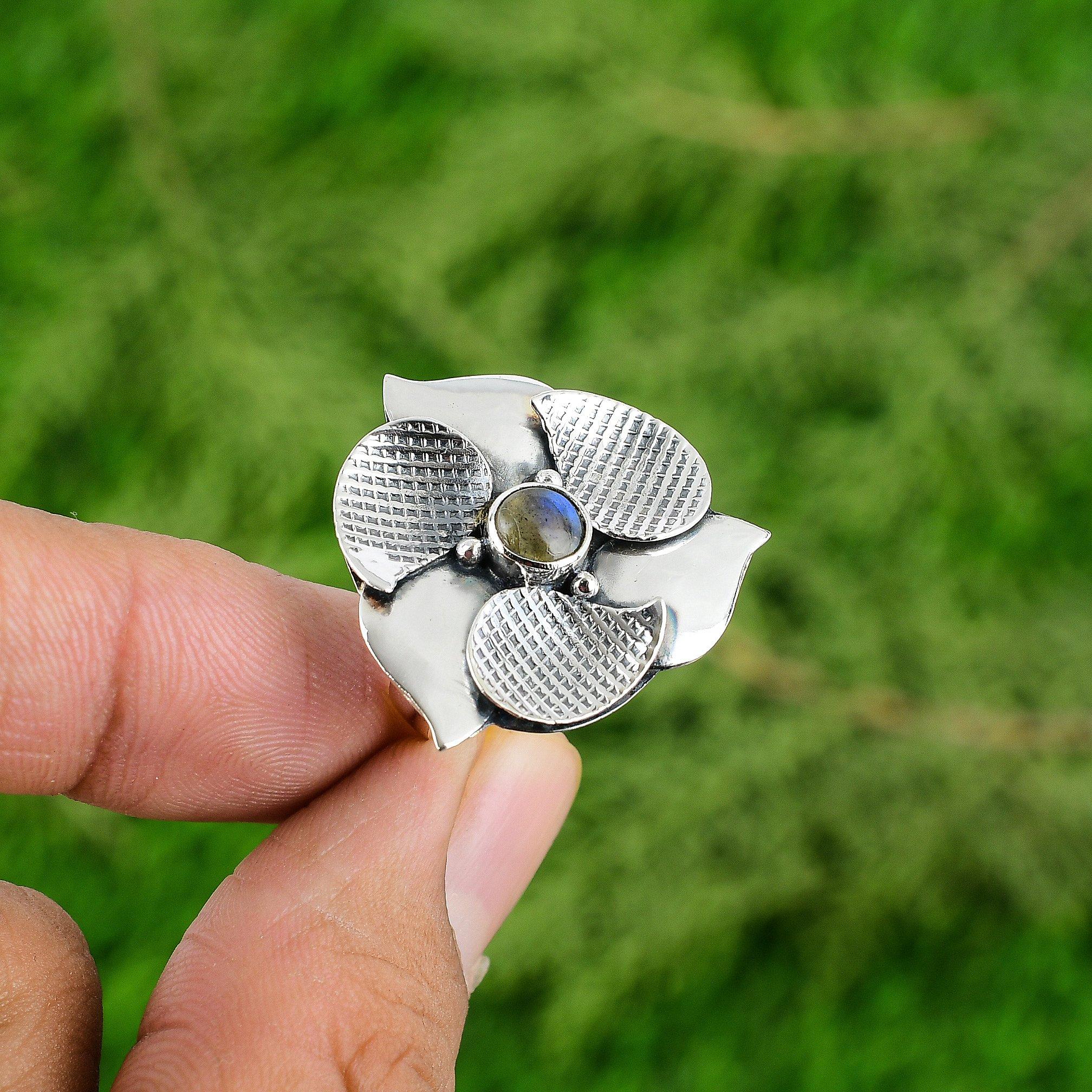 Natural Labradorite Stackable Flower Adjustable Ring 925 Silver For Women