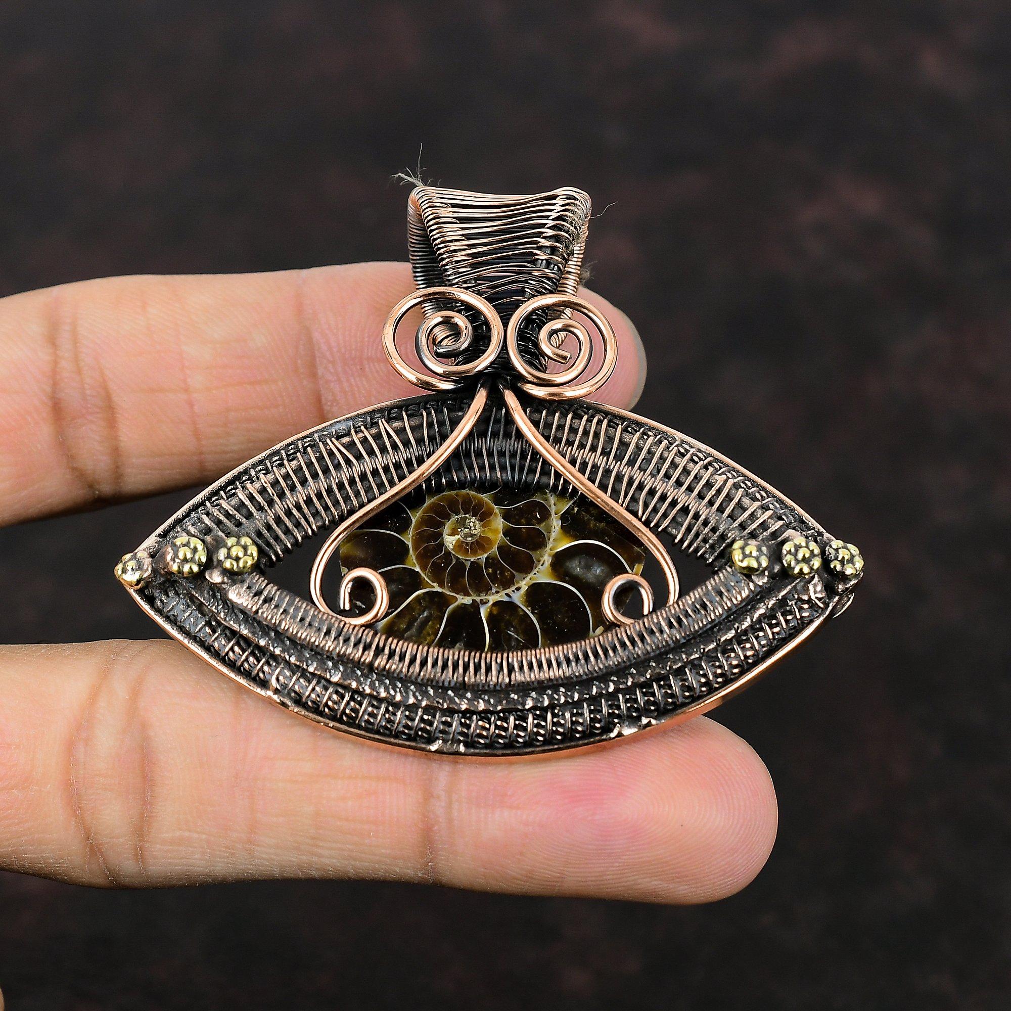 Ammonite Fossil Pendant Copper Wire Wrapped Pendant Evil Eye Gemstone Jewelry Handmade Pendant Ammonite Fossil Copper Jewelry Gift For Women