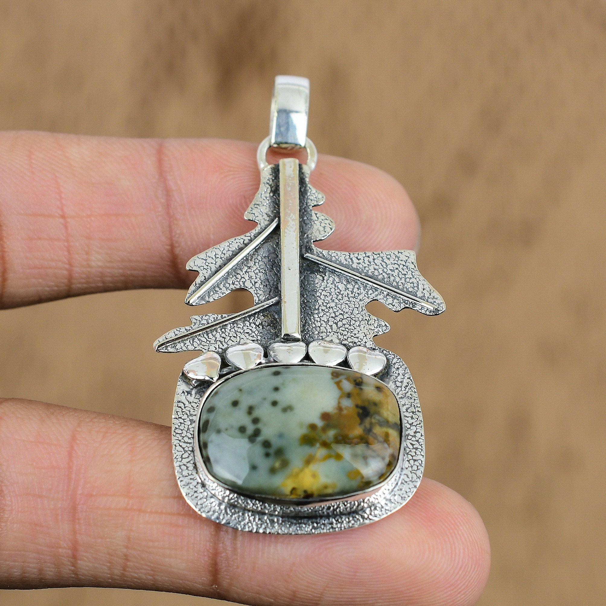 Natural Ocean Jasper Gemstone Pendant Green 925 Sterling Silver Indian Jewelry