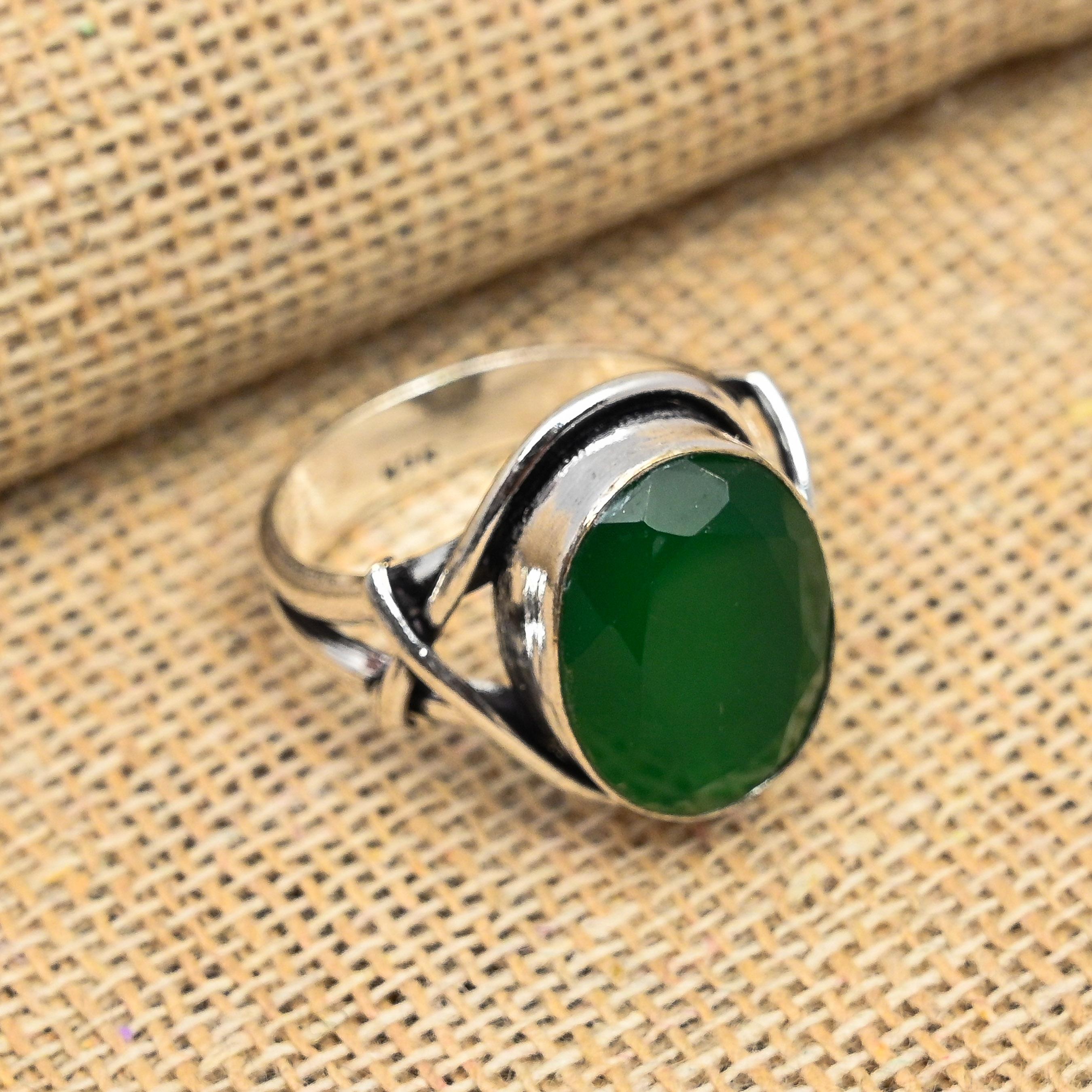 Faceted Green Onyx Gemstone 925 Solid Sterling Silver Handmade Lovely Ring Jewelry