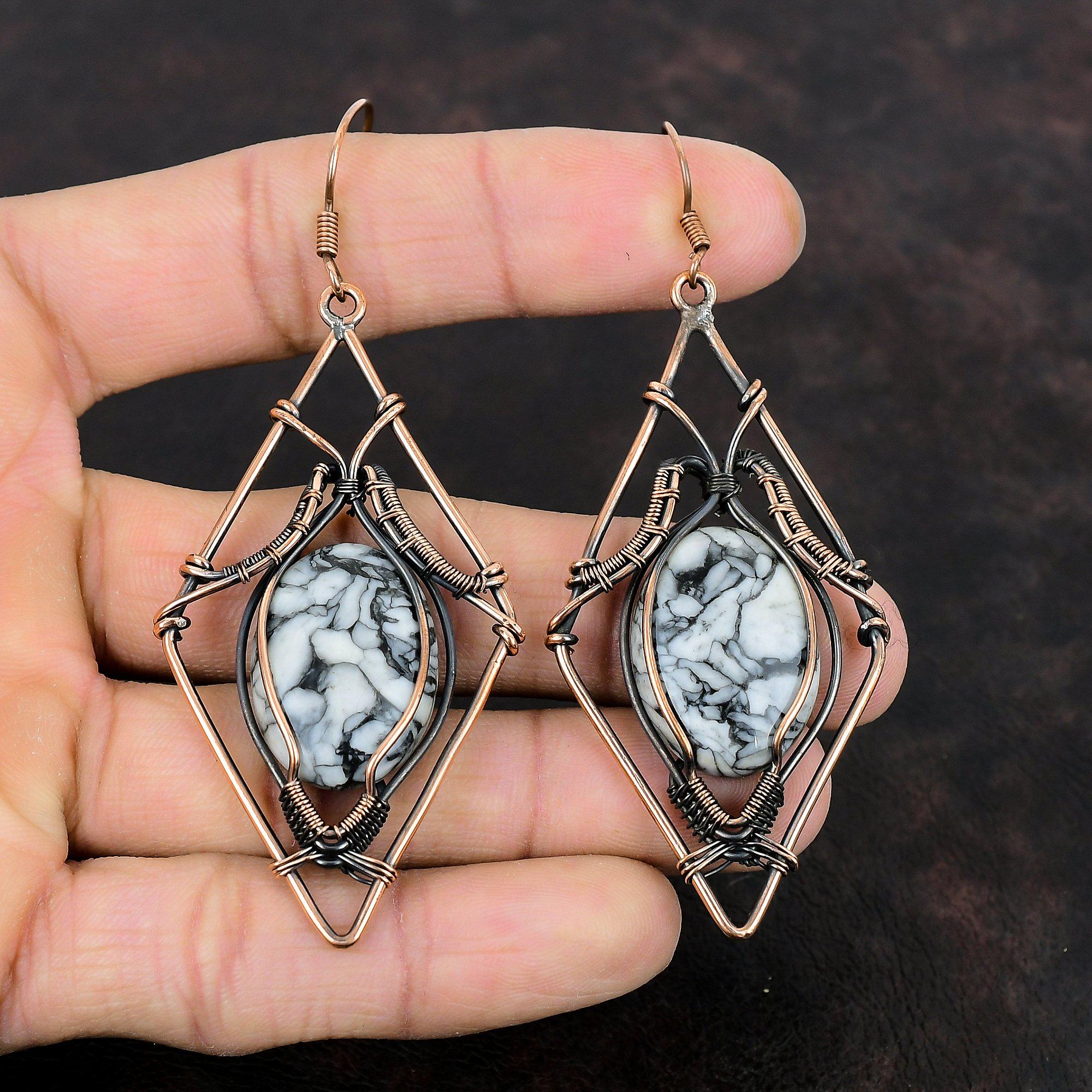 Pinolith Jasper Earring Copper Wire Wrapped Earrings Gemstone Jewelry Handmade Designer Earring Pinolith Jasper Copper Jewelry Gifts For Mom