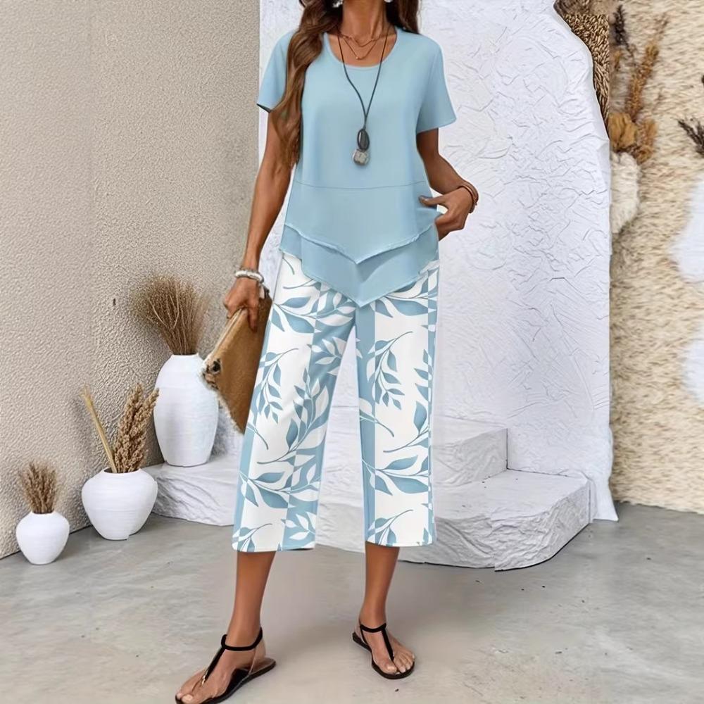 Women Summer Fashion Two Piece Set, Stylish Slimming Short Sleeve Top, High Waist Wide Leg Pants, Elegant Casual Matching Outfit