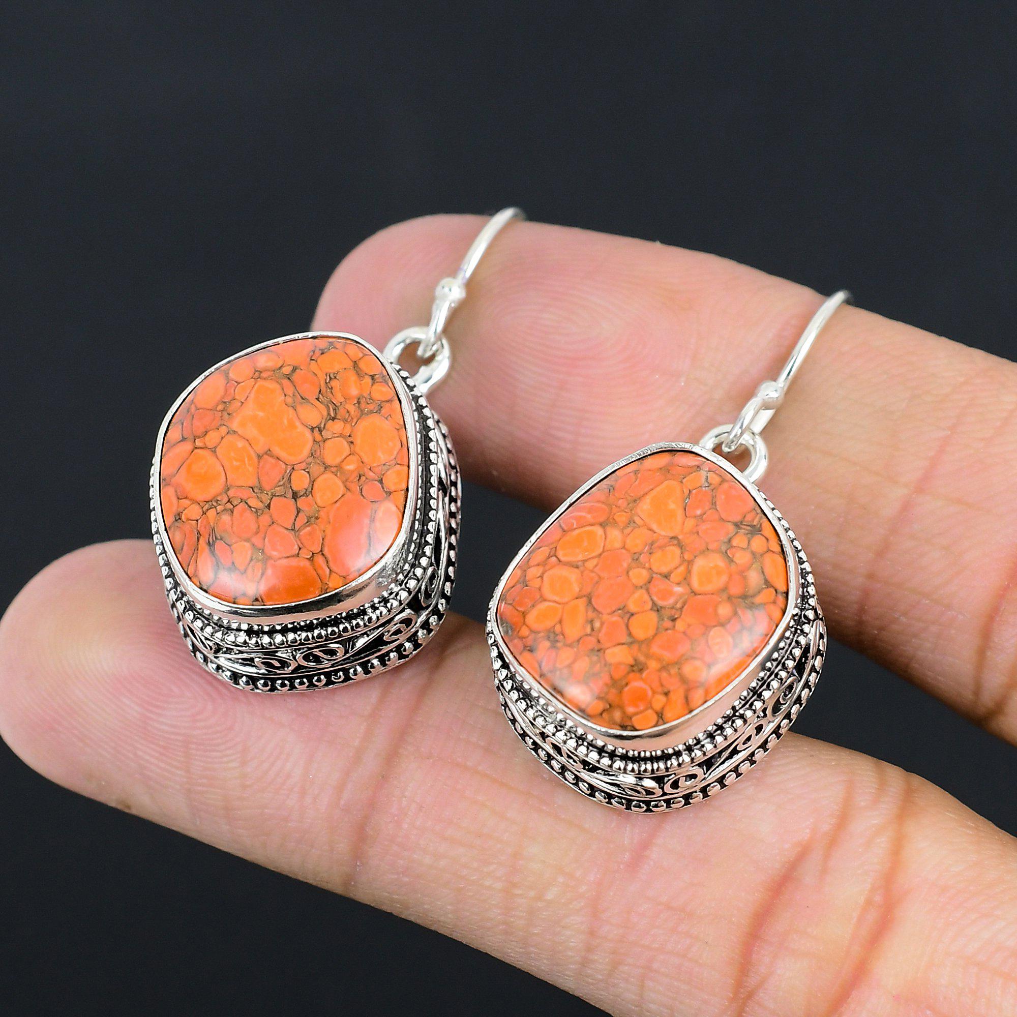 925 Sterling Silver December Orange Turquoise Stone Drop Mother Earrings Jewelry