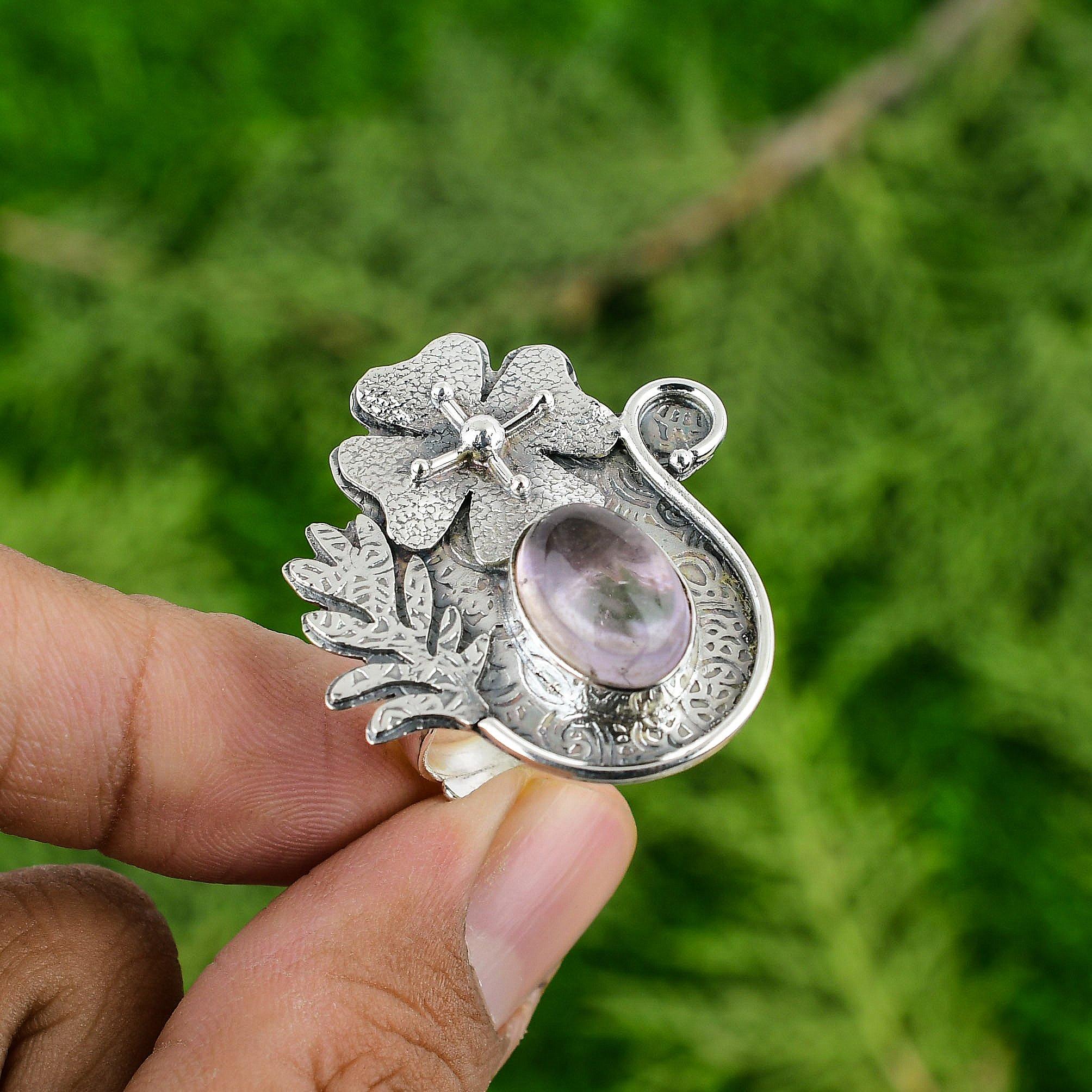 Promise Flower Adjustable Ring 925 Silver Natural African Amethyst