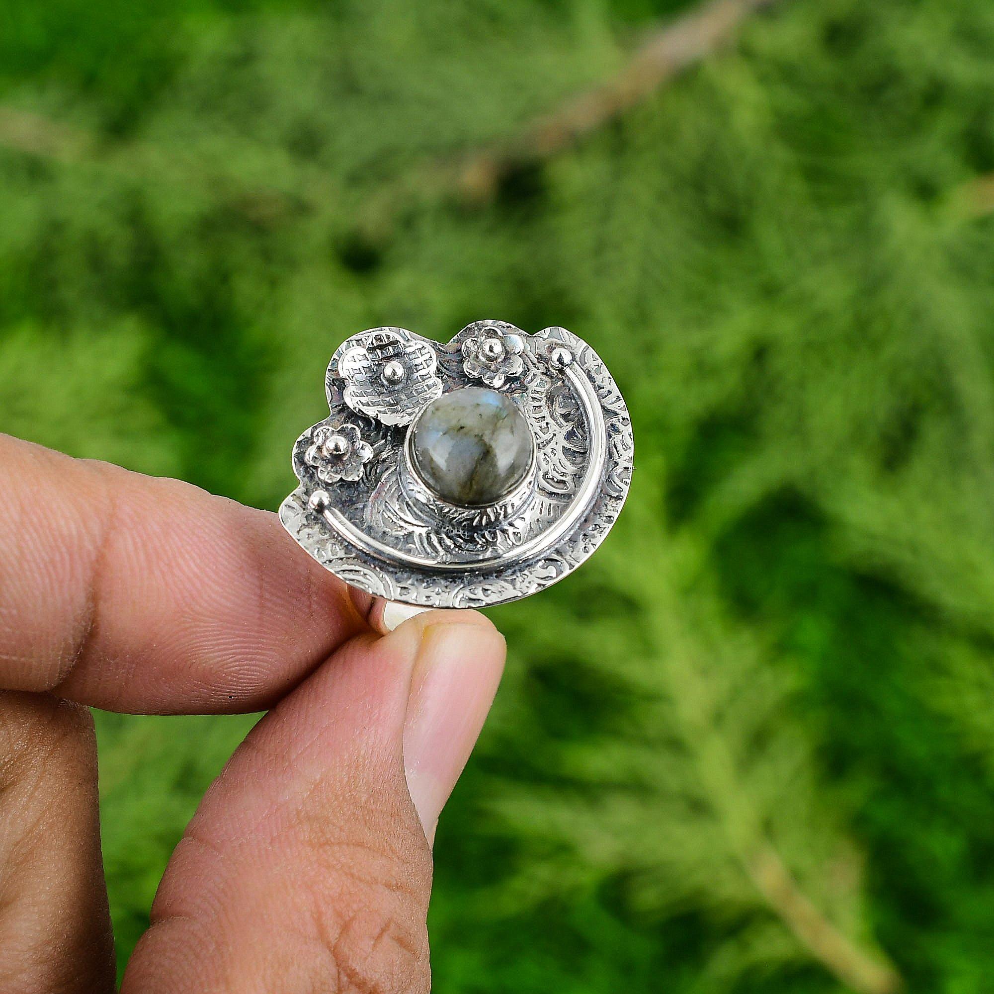 Gift For Women Promise Flower Adjustable Ring 925 Silver Natural Labradorite