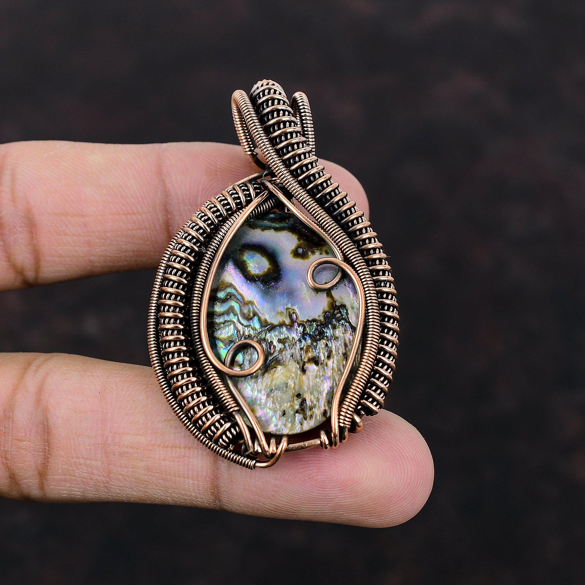 Abalone Shell Pendant Copper Wire Wrapped Gemstone Jewelry Handmade Pendant Boho Hippie Jewelry Gift For Women Copper Wire Wrapped Pendants