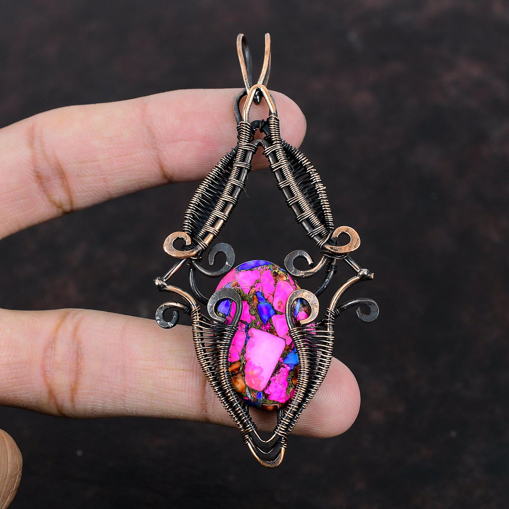 Natural Kingman Pink Dahlia Turquoise Pendant Copper Wire Wrapped Jewelry Genuine Gemstone Pendant Copper Wire Wrap Pendant Handmade Jewelry