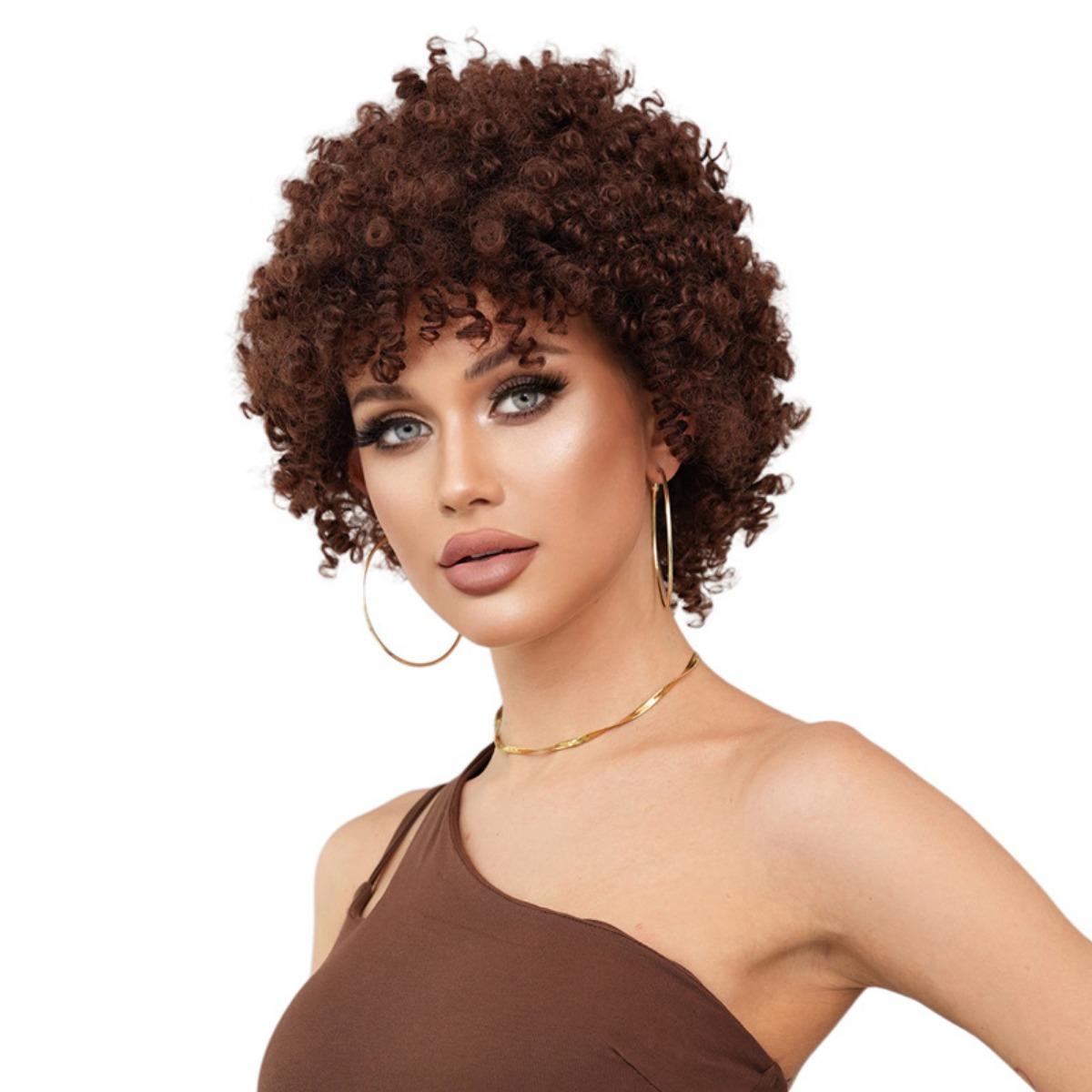 Parrucca Sintetica Corta Pixie Cut dall'Aspetto Naturale per Donne Nere - Ricci con Frangia Piena, Capelli Afro Marroni Resistenti al Calore per Uso Quotidiano e Feste