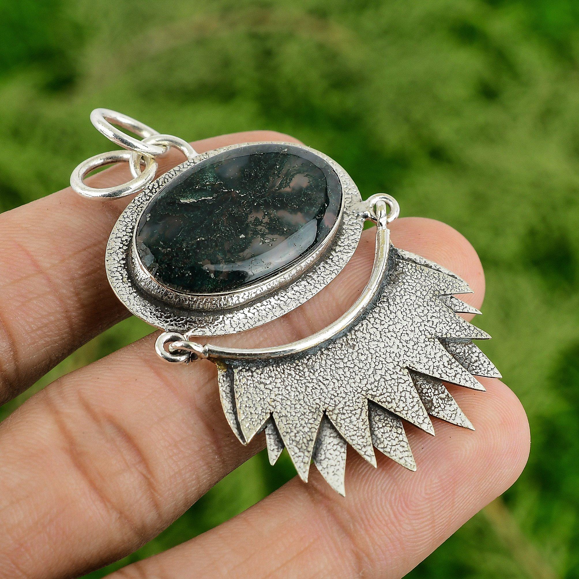 925 Sterling Silver Oval Solar Moss Agate Stone Daughter Wedding Elegant Pendant