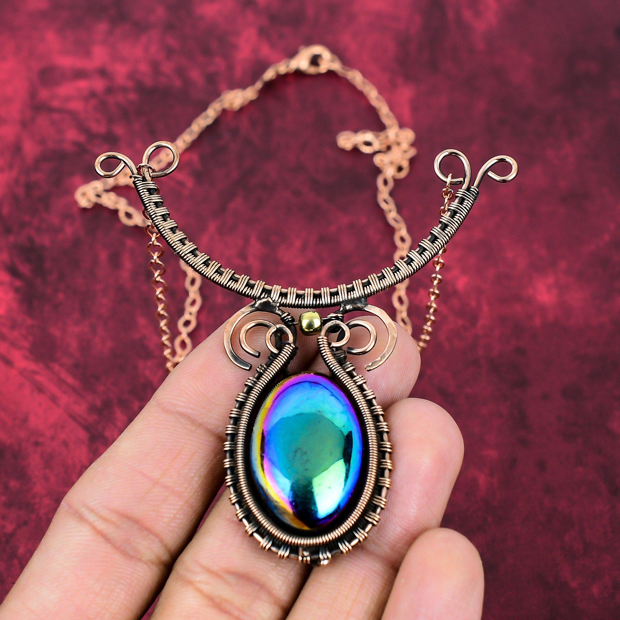 Mystischer Feuer-Labradorit Halskette Kupferdraht Umwickelt Handgefertigt Halskette Verstellbare Kette Halskette Edelstein Kupferdraht Schmuck Hochzeitsgeschenke