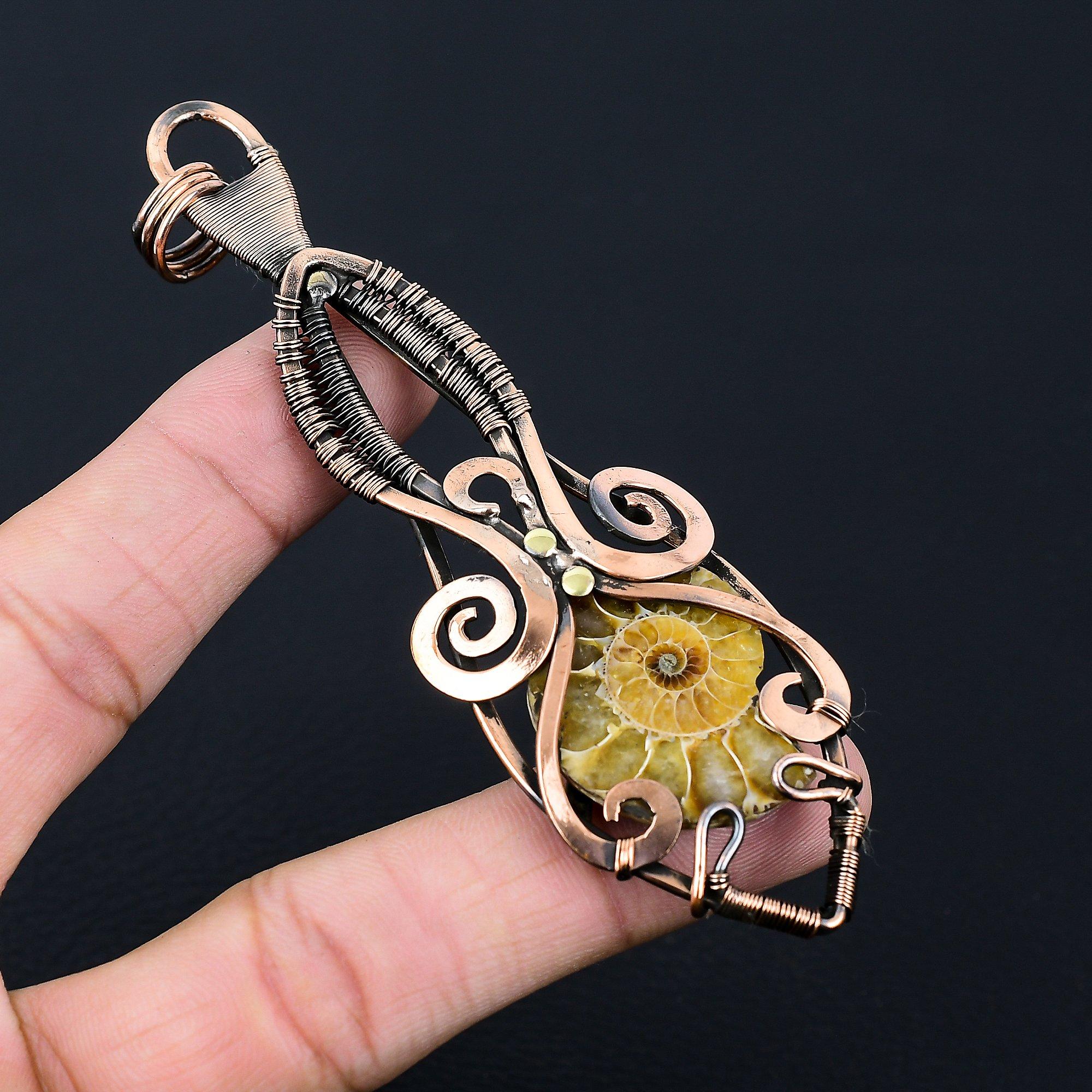 Pietre prețioase fosile uimitoare de amonit, sârmă de cupru pur, bijuterii cu pandantiv lucrate manual