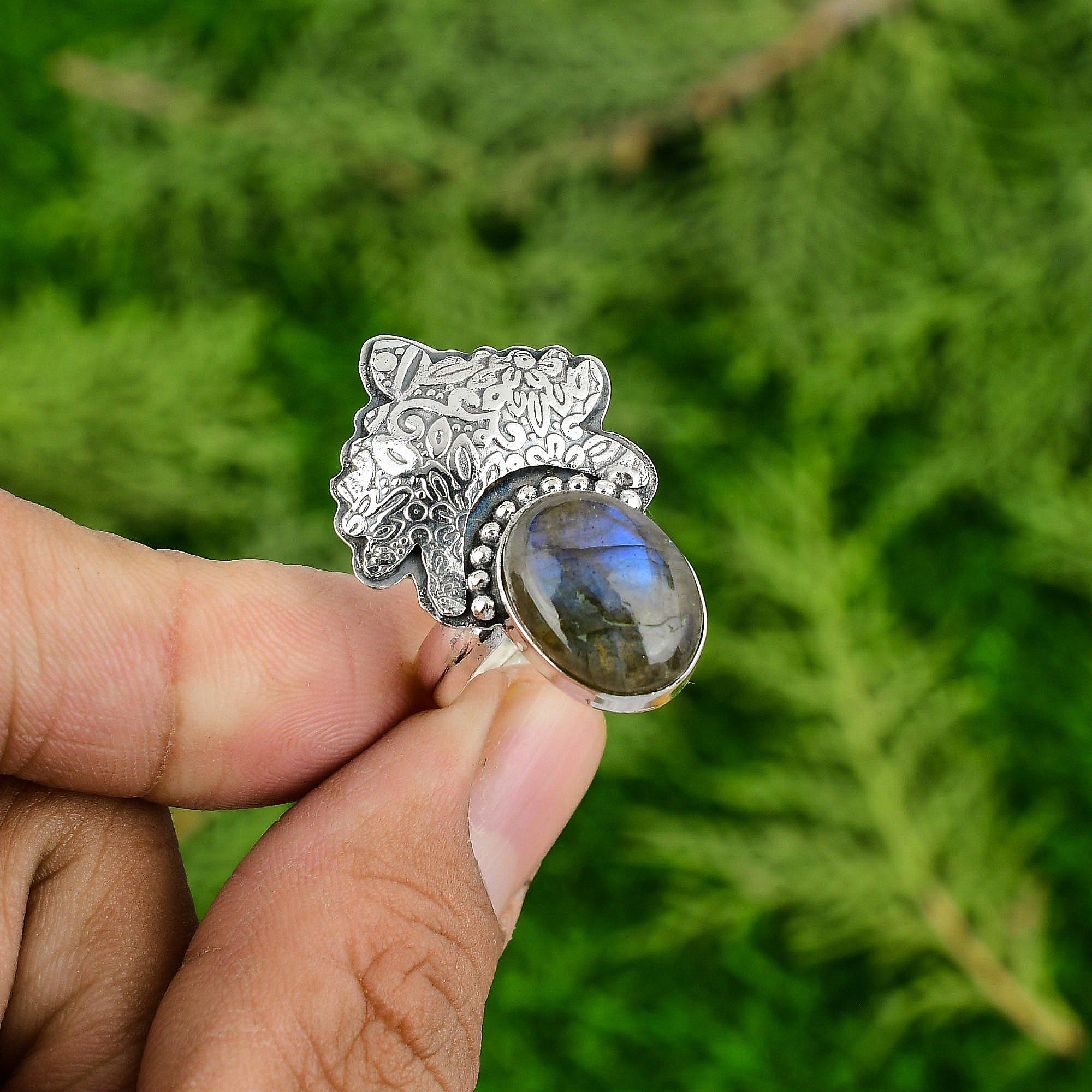 Mothers day Sale Sterling Silver Labradorite Stone Statement Bezel Ring Jewelry