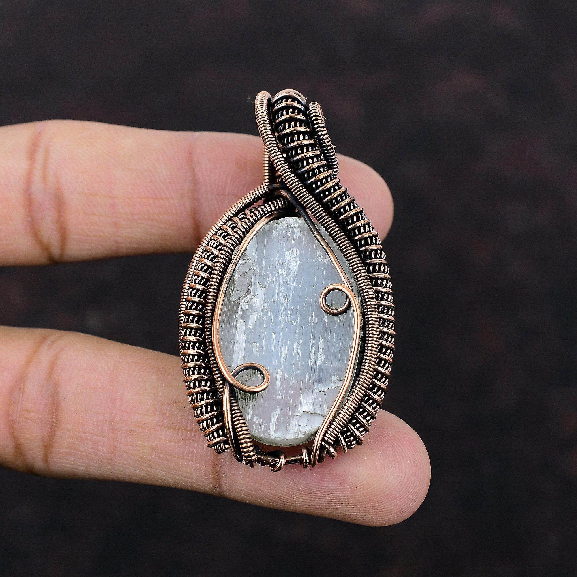 Selenit Druzy Anhänger Kupferdraht gewickelter Anhänger Edelsteinanhänger Eleganter Kupferschmuck Handgefertigter Anhänger Geschenk für Frauen Drahtwickelschmuck