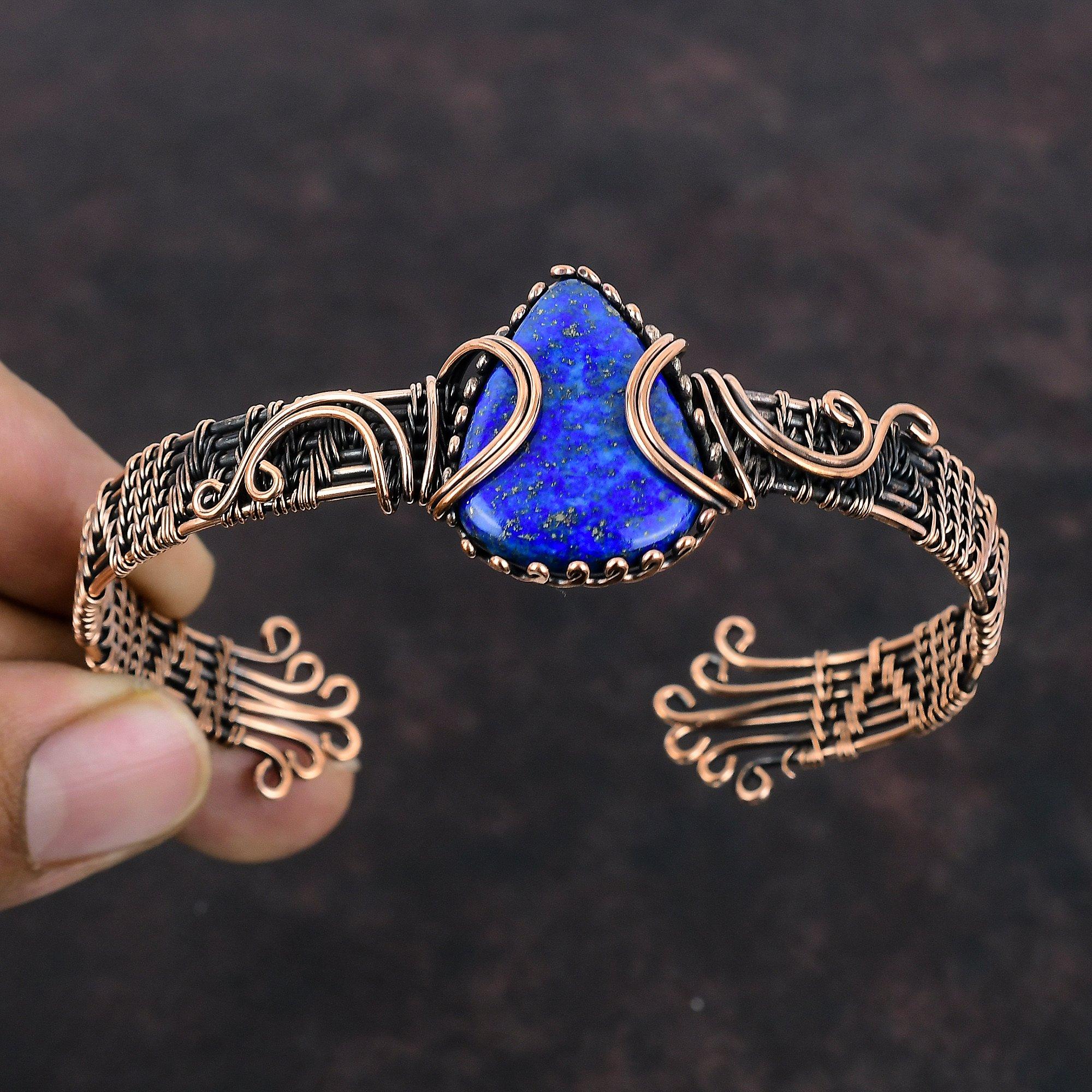 Lapis Lazuli Bangle Copper Wire Wrapped Bangle Adjustable Cuff Bracelet Gemstone Jewelry Handmade Bangle Antique Copper Jewelry Gift For Mom