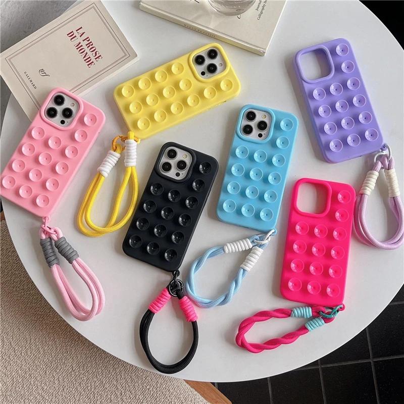 For iPhone 16 Pro Max Luksus Sugekopp Airbag Med Lanyard Telefondeksel For iPhone 12 13 14 15 Plus Myk Ramme Beskyttelsesdeksel