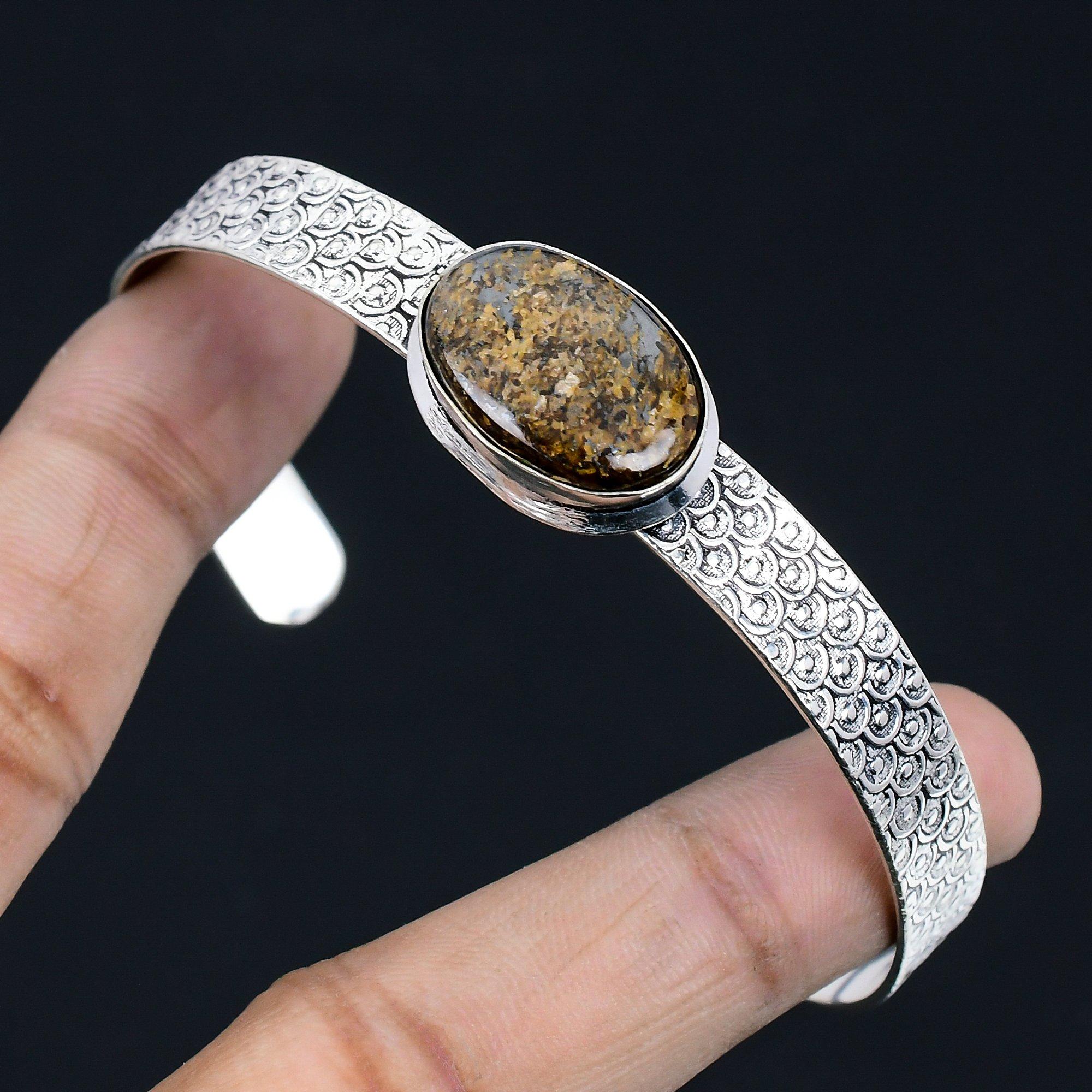 Oval Natural Bronzite 925 Silver Ethnic Trendy Engagement Unique Bangle Bracelet