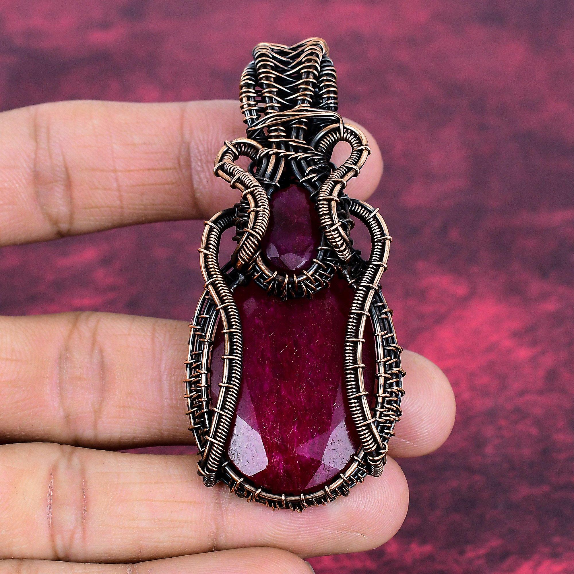 Faceted Kashmir Ruby Real Gemstone Pendant Copper Wire Wrapped Handmade Jewelry