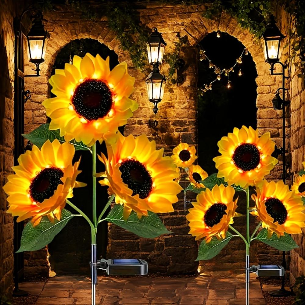 Solar Simulation Flower Lamp, Outdoor Decoration with 3 LED Sunflower Yellow Flower Lamp, Suitable for Courtyard, Villa, Lawn, Garden