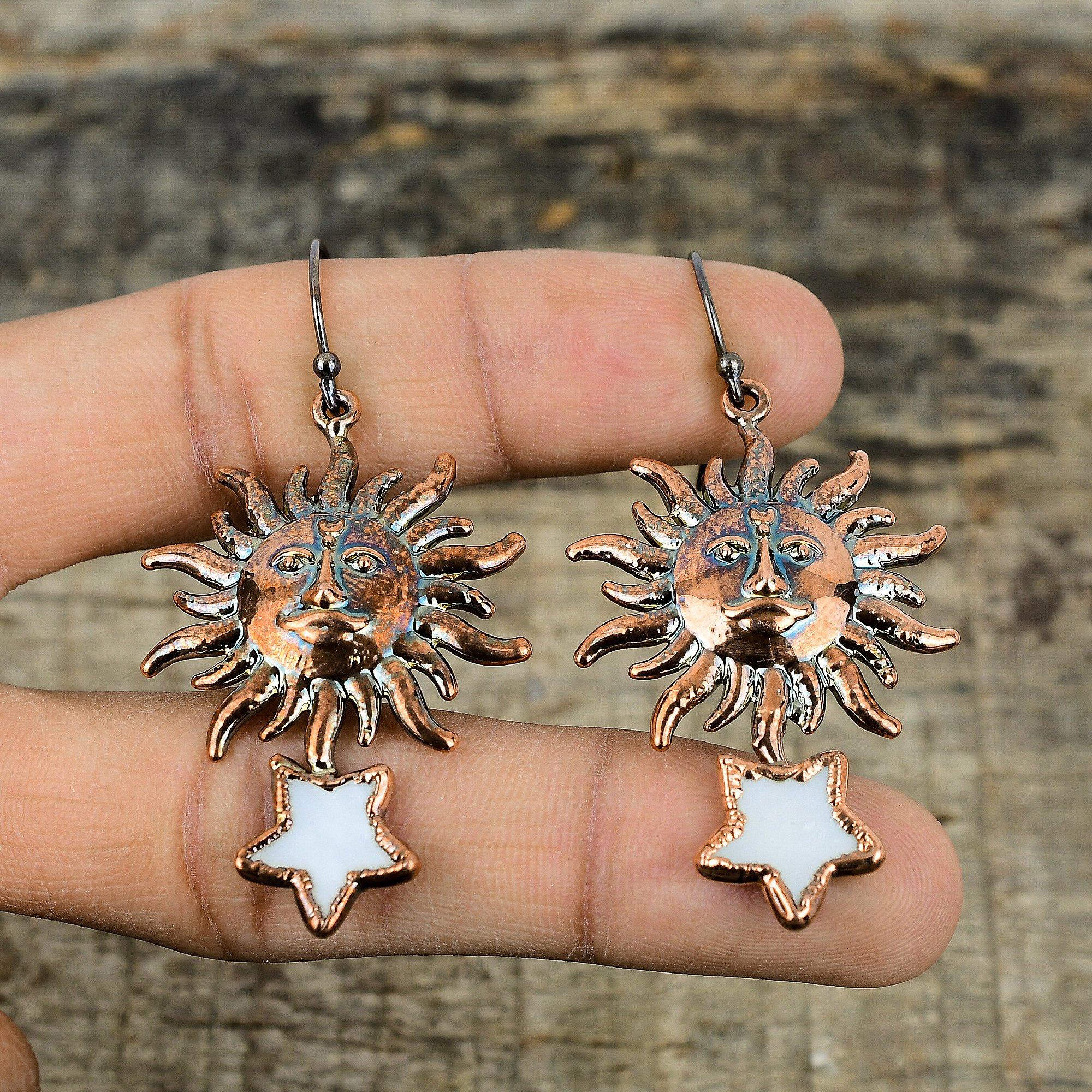Mother Of Pearl Gemstone Earring Electroformed Copper Earrings Handmade Boho Jewelry Sun And Star Earring Electroformed Jewelry Gift For Mom