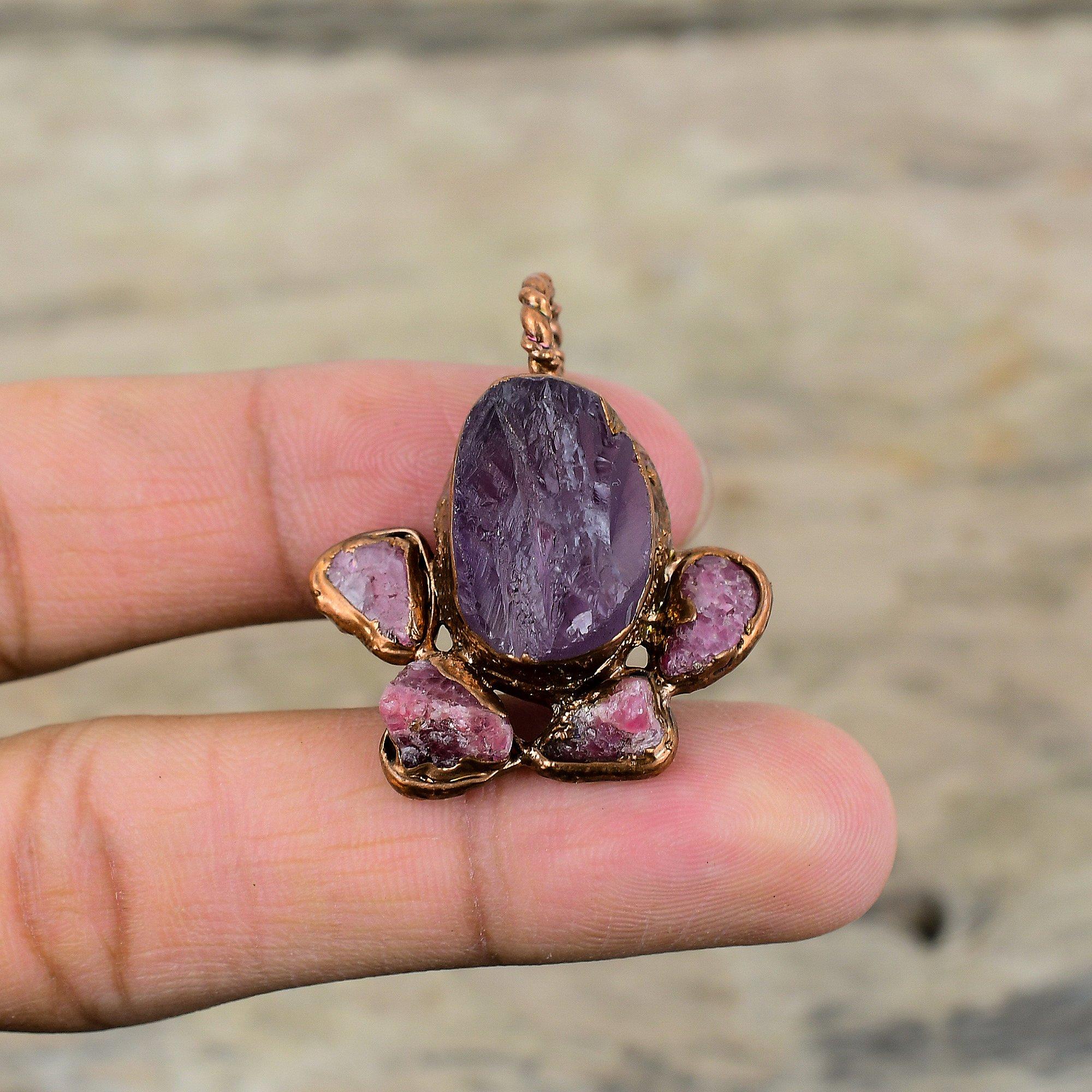 African Amethyst Rough Pendant Electroformed Copper Pendant Pink Tourmaline Rough Gemstone Pendant Handmade Boho Style Jewelry Gift For Mom