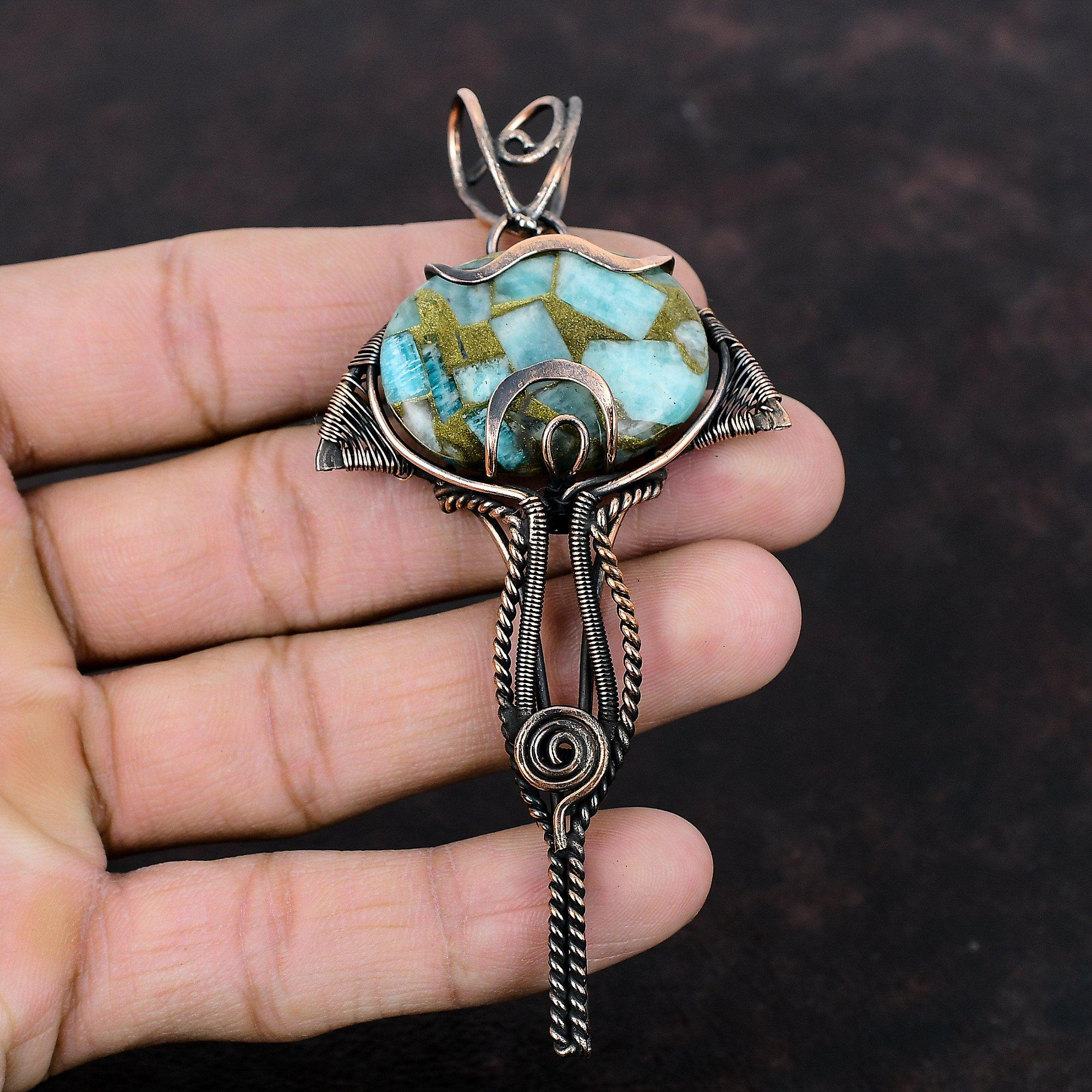Kupfer Amazonit Anhänger Kupferdraht gewickelt Edelstein Anhänger Amazonit Schmuck Anhänger für Frauen handgemachter Anhänger Kupferschmuck als Geschenk