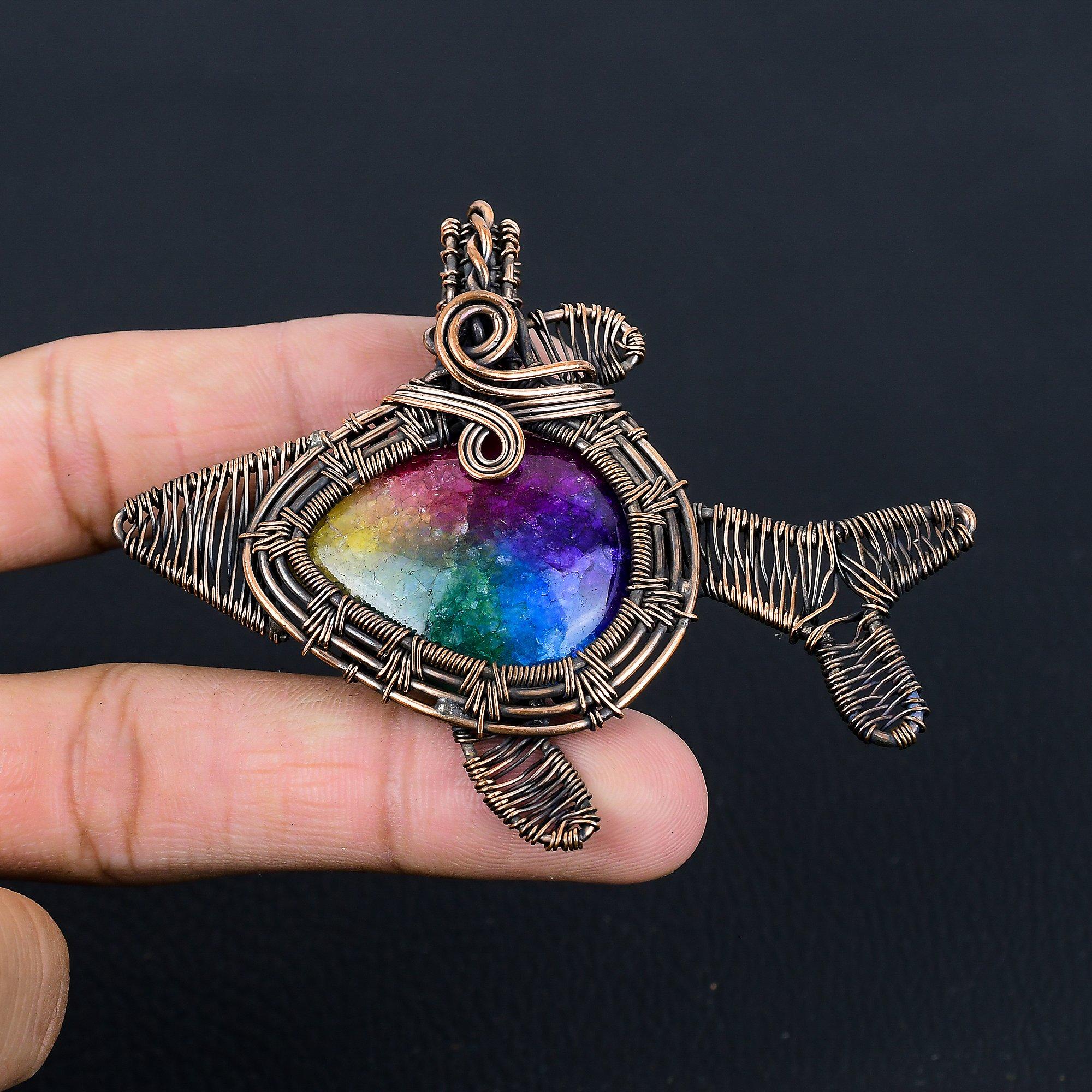 Rainbow Solar Quartz Gemstone Handmade Pure Copper Wire Wrapped Fish Pendant Jewelry For Memorial
