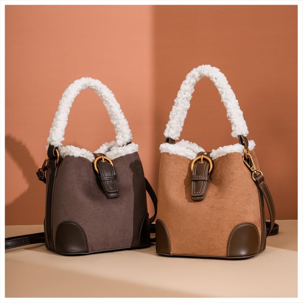 Light Luxury Fashion Women's Shoulder Bags High Quality PU Bag Body Plush Handle Ladies Messenger Bag Casual Retro Female Bucket Bag Mother's Day Gift