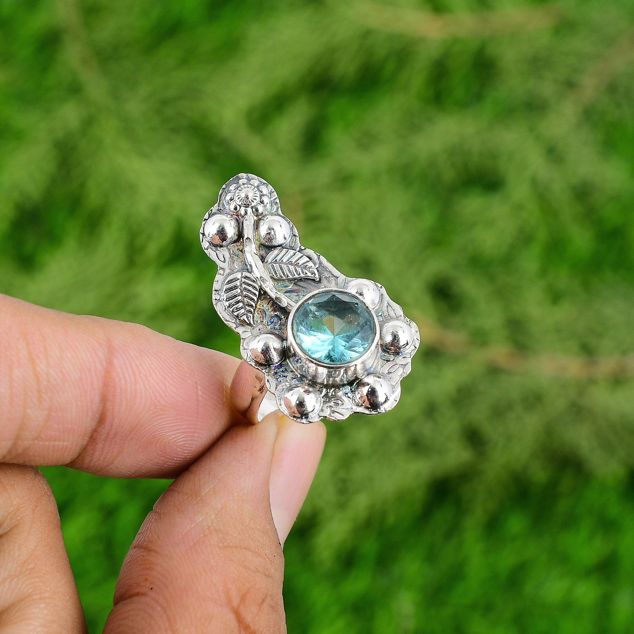 Swiss Blue Topaz Gemstone Bezel Flower Mother Ring Jewelry 925 Sterling Silver