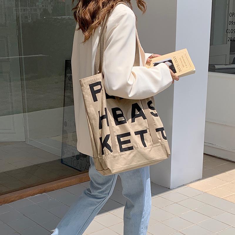 Women Peach Letter Canvas Lazy One Shoulder Fabric Bag Large Capacity Tote Bag