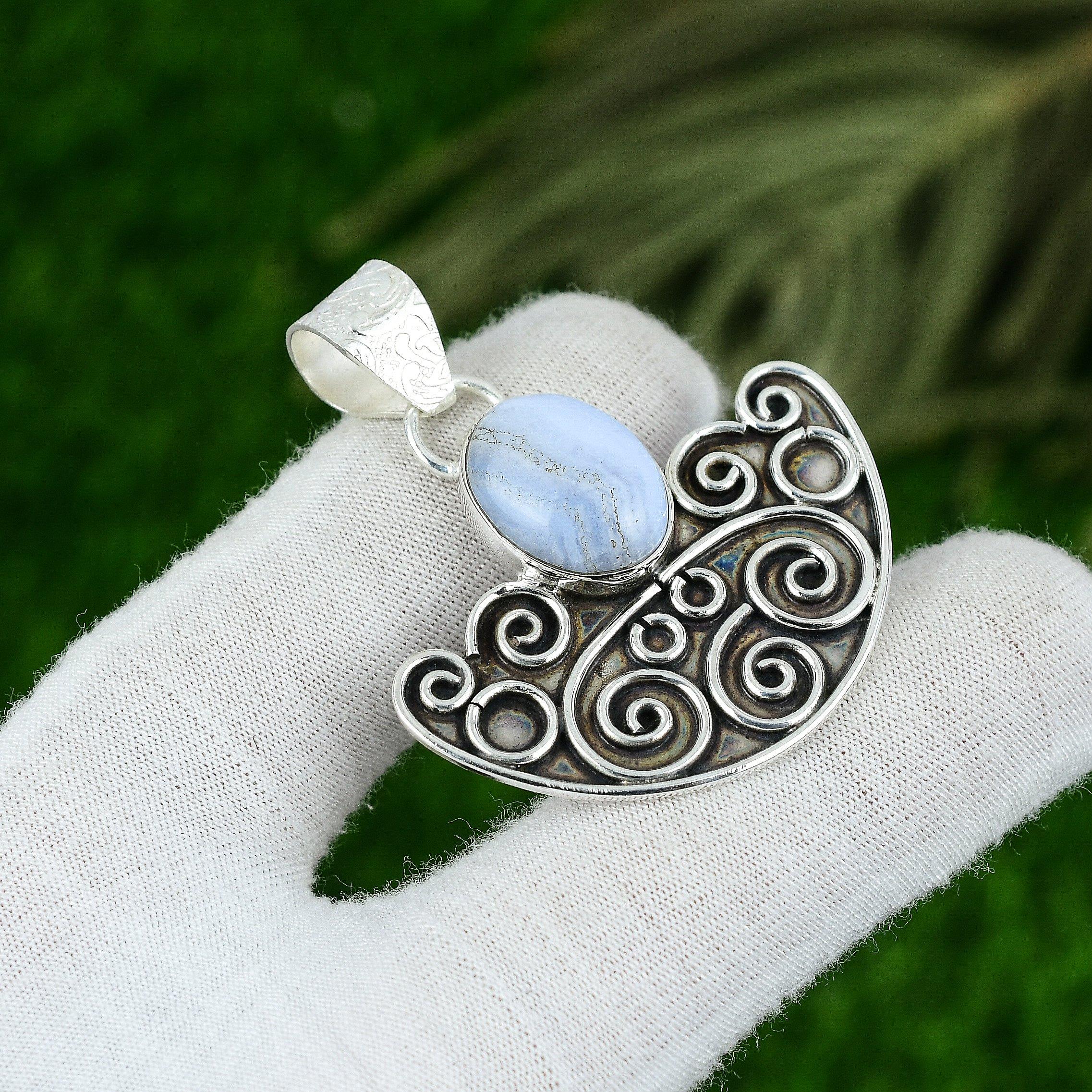Natural Blue Lace Agate Sterling Silver Birthday Sister Ethnic Pendant Jewelry