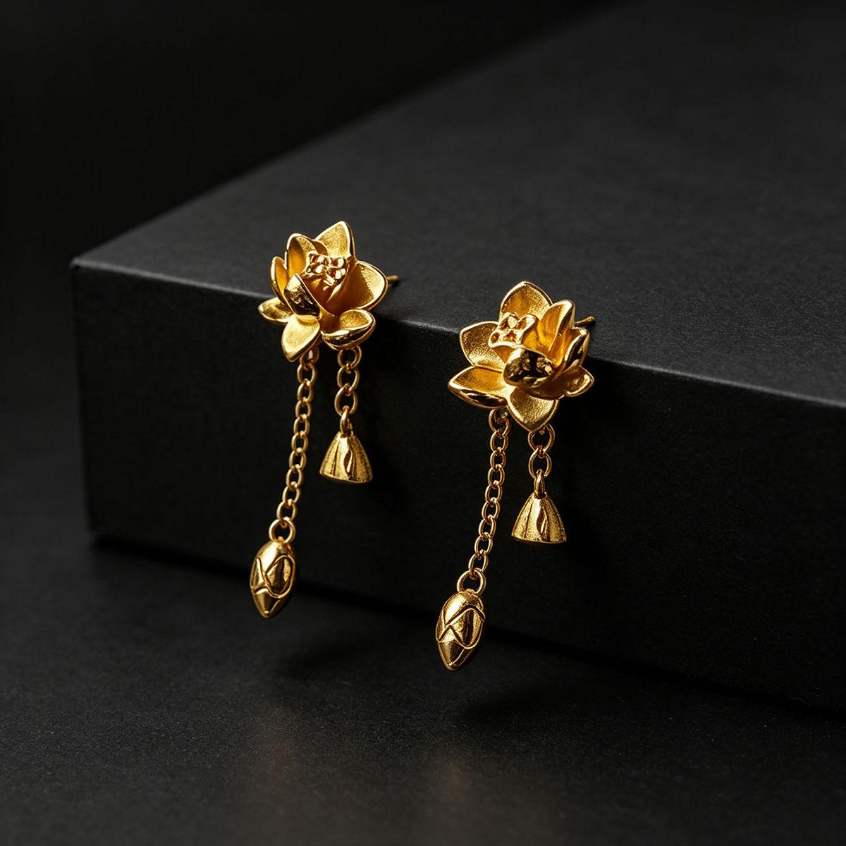 Gold Lotus Two-life Earrings, Lotus Tassel Earrings, Small Niche Design Earrings for Women, Exquisite Female Jewelry