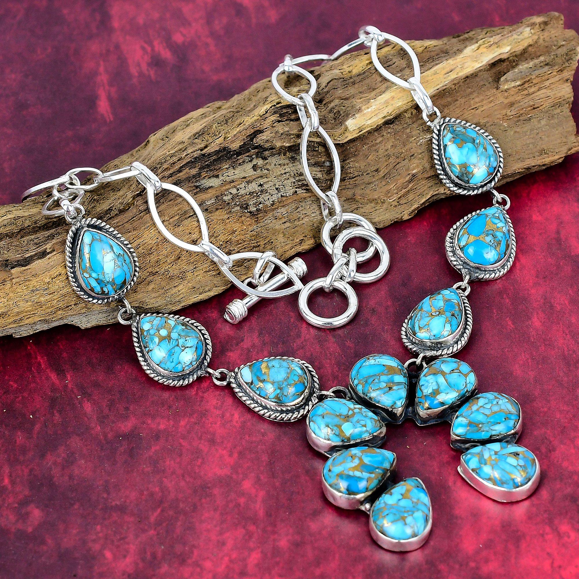 Miedziany Niebieski Turkus Naszyjnik z Litego Srebra Próby 925 z Regulowanym Łańcuszkiem, Ręcznie Robiony Naszyjnik z Kamieniami Szlachetnymi na Dzień Pamięci