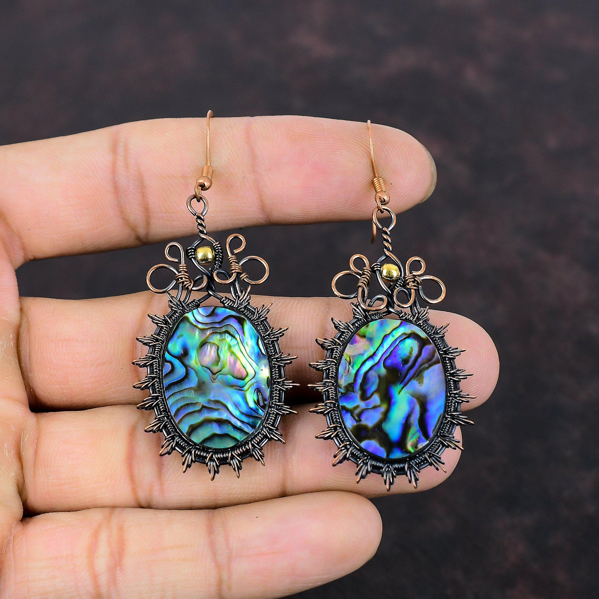 Abalone Shell Earring Copper Wire Wrapped Earrings Handmade Natural Gemstone Earrings Dainty Copper Jewelry Gift For Her Dangle Drop Earring