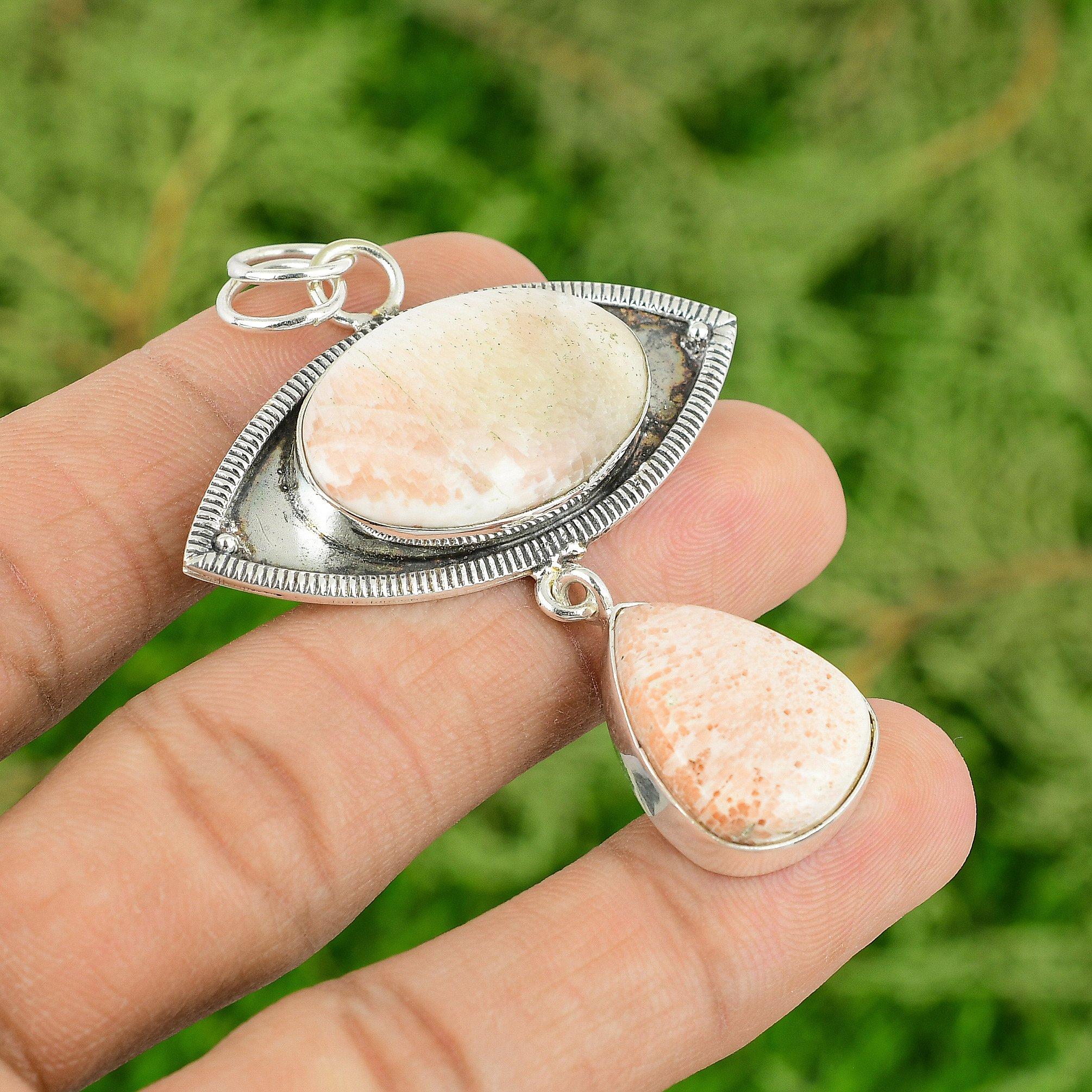 925 Sterling Silver Oval Scolecite Gemstone Anniversary Bezel Ethnic New Pendant