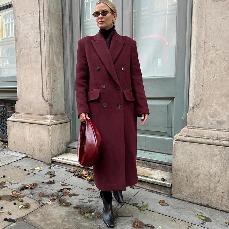 Women Fashion Elegant Woolen Coat Long Sleeve Double Breasted Overcoat Autumn Winter Loose Turndown Collar Coat Retro British Style Commut New Fashion