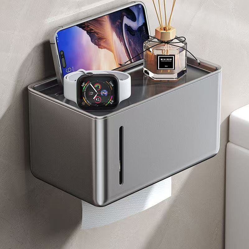 Punch-free Waterproof Tissue Box Gun Gray Bathroom Storage Rack Toilet Roll Paper Box Toilet Paper Box Wall-mounted