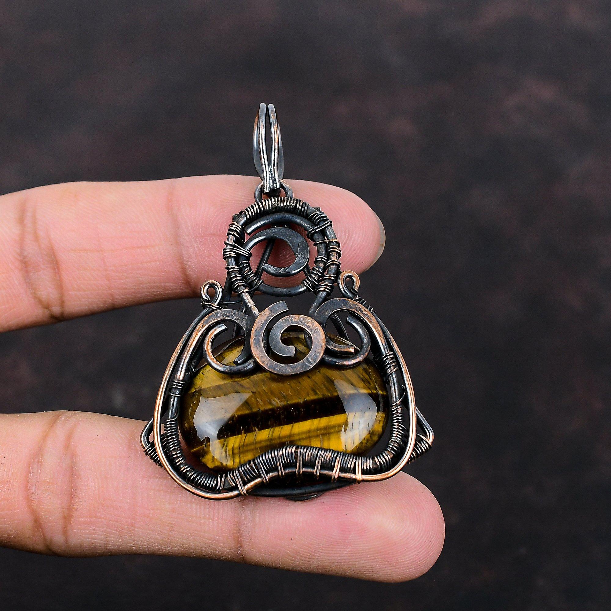 Tiger's Eye Pendant Copper Wire Wrapped Pendant Gemstone Pendant Unique Copper Design Jewelry Handmade Pendant Wire Wrapped Jewelry For Gift