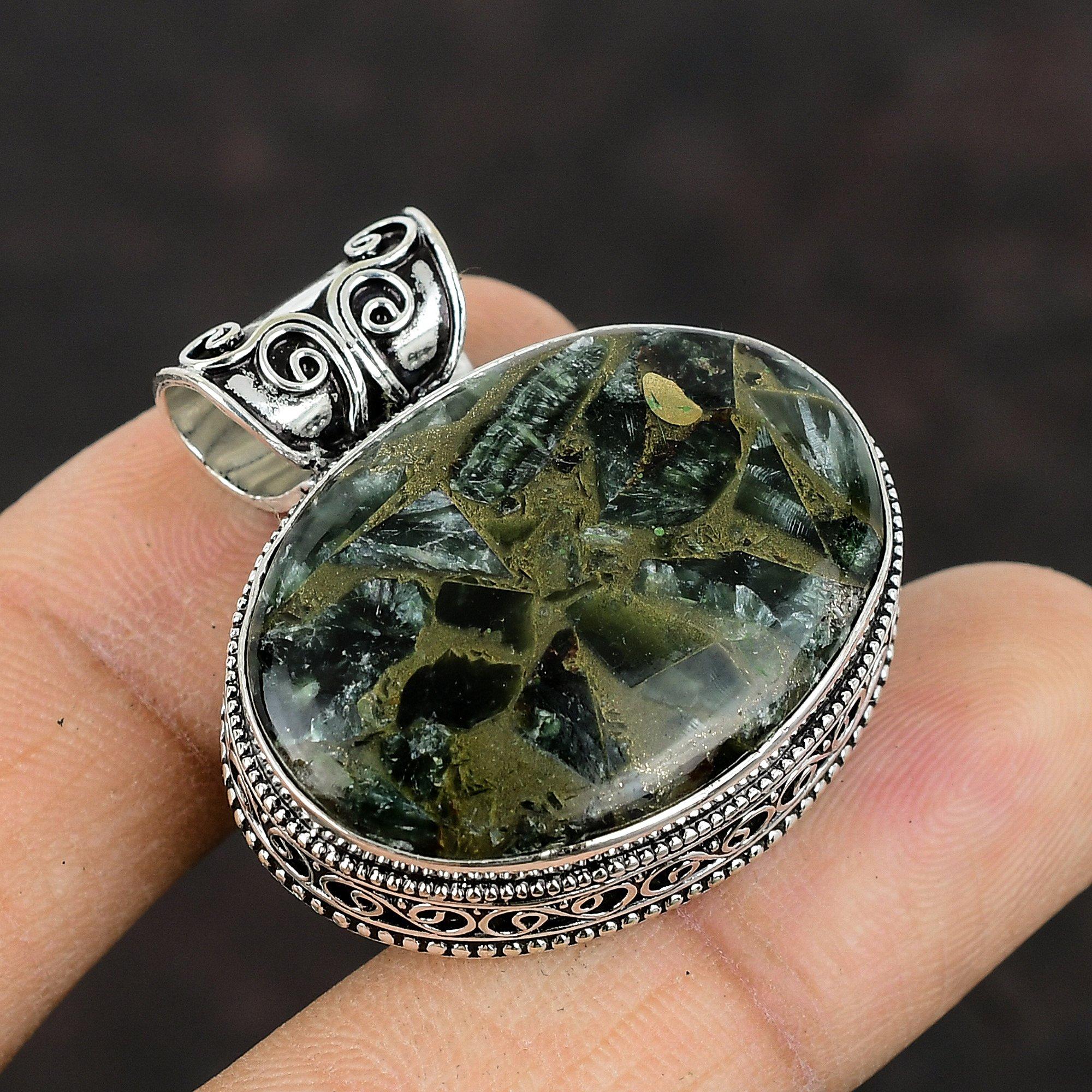 Copper Seraphinite Pendant Handmade Jewelry Gemstone Vintage Pendant 925 Sterling Silver Pendant Ethnic Jewelry Gift For Him Amazing Pendant