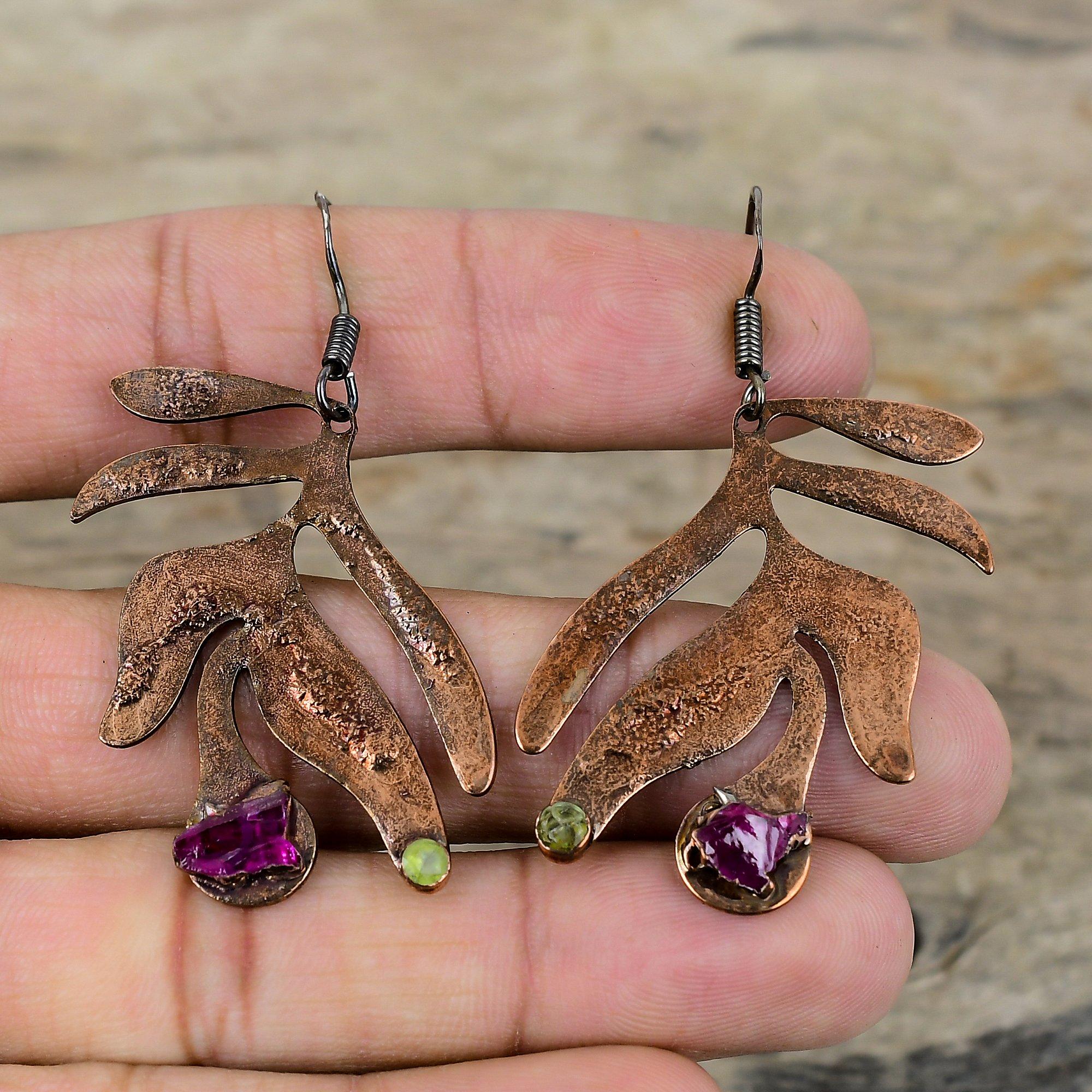 Pink Tourmaline Rough Earring Electroformed Copper Earrings Handmade Gemstone Jewelry Peridot Earring Anniversary Gift Electroformed Jewelry
