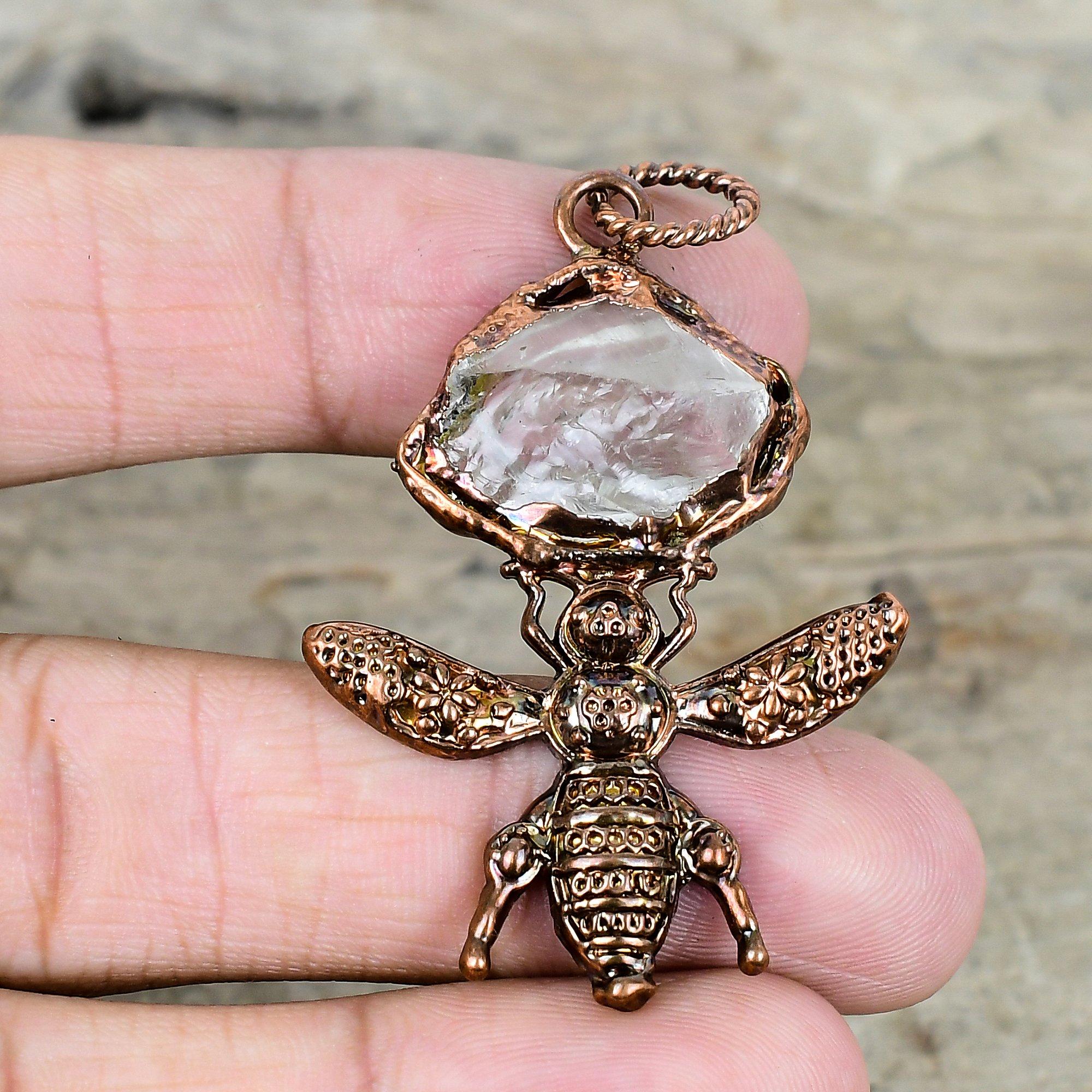White topaz rough pendant electroformed copper pendant gemstone jewelry honey bee pendant handmade jewelry gifts for mother designer pendant