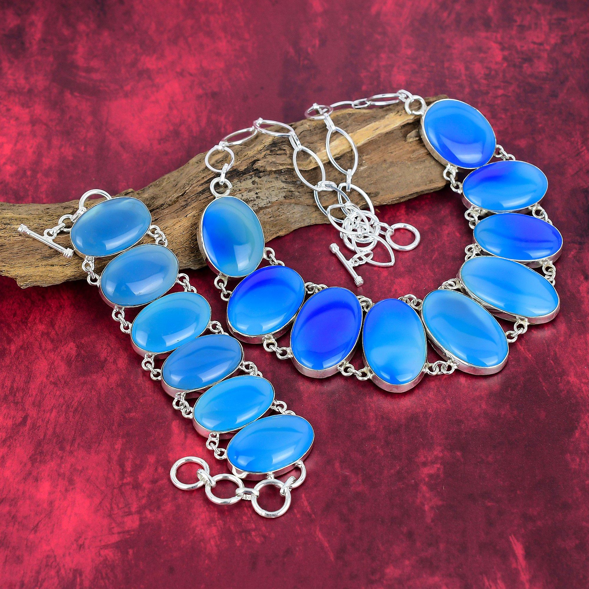 Blue Cat's Eye Handmade Jewelry Set, 925 Solid Sterling Silver Necklace & Bracelet Jewelry Exclusive Design Jewelry Set For Her