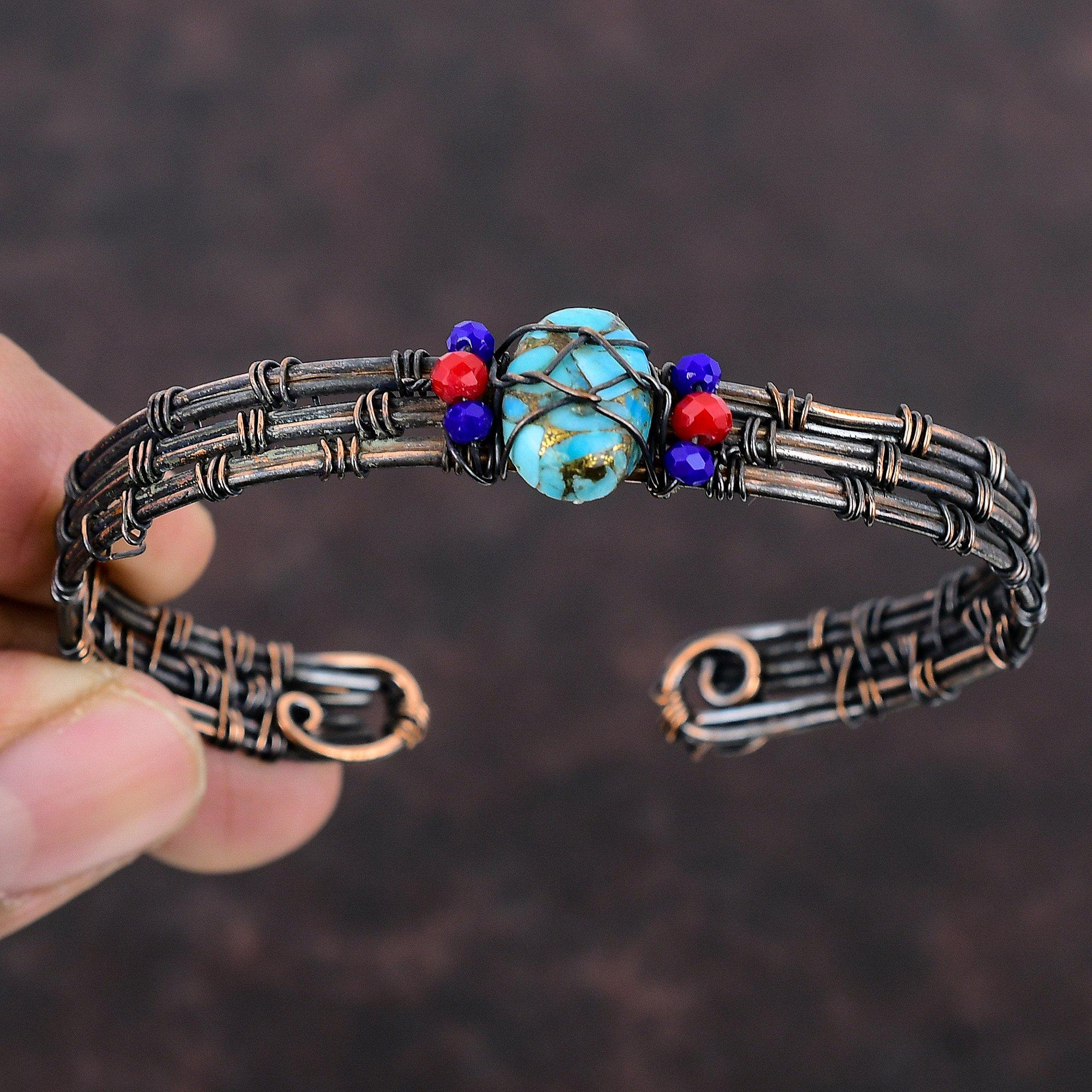Copper Blue Turquoise Cuff Bracelet Lapis Lazuli & Red Coral Beads Bangle Copper Wire Wrapped Jewelry Adjustable Cuff Bangle Gemstone Bangle