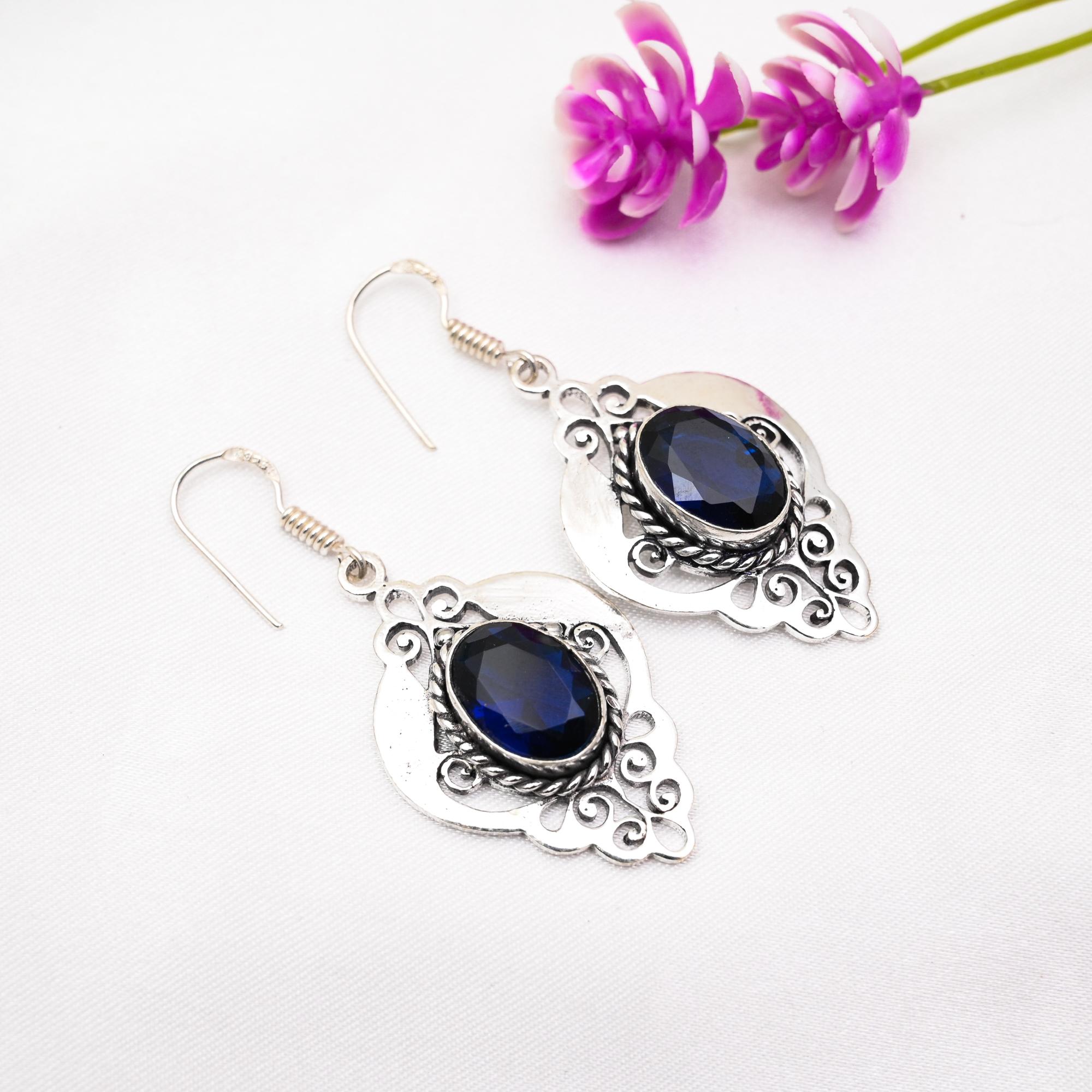 Blue Sapphire Earrings, Handmade Gemstone Earrings, 925 Solid Sterling Silver Earrings Antique Jewelry, For Engagement Gift